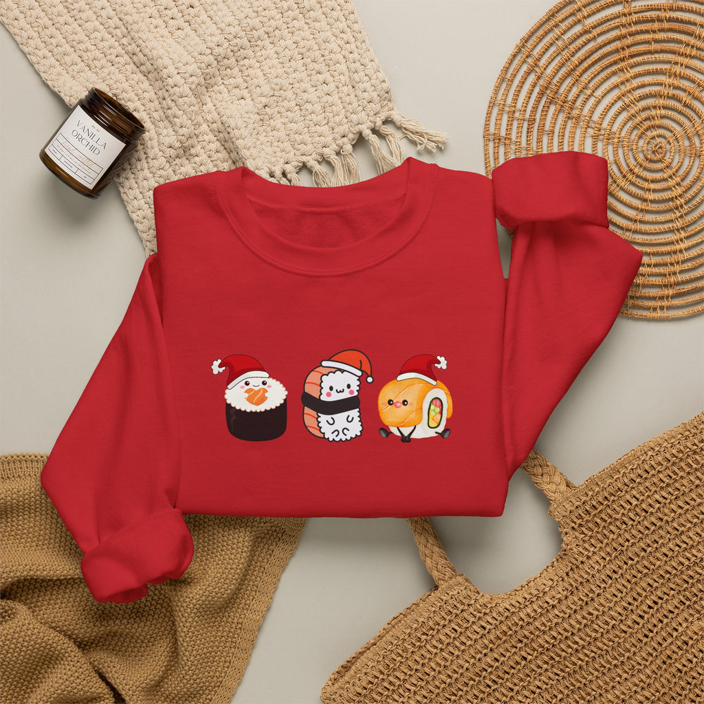 Holiday Sushi Crewneck Sweatshirt — Cute Santa Sushi Trio Christmas Sweatshirt