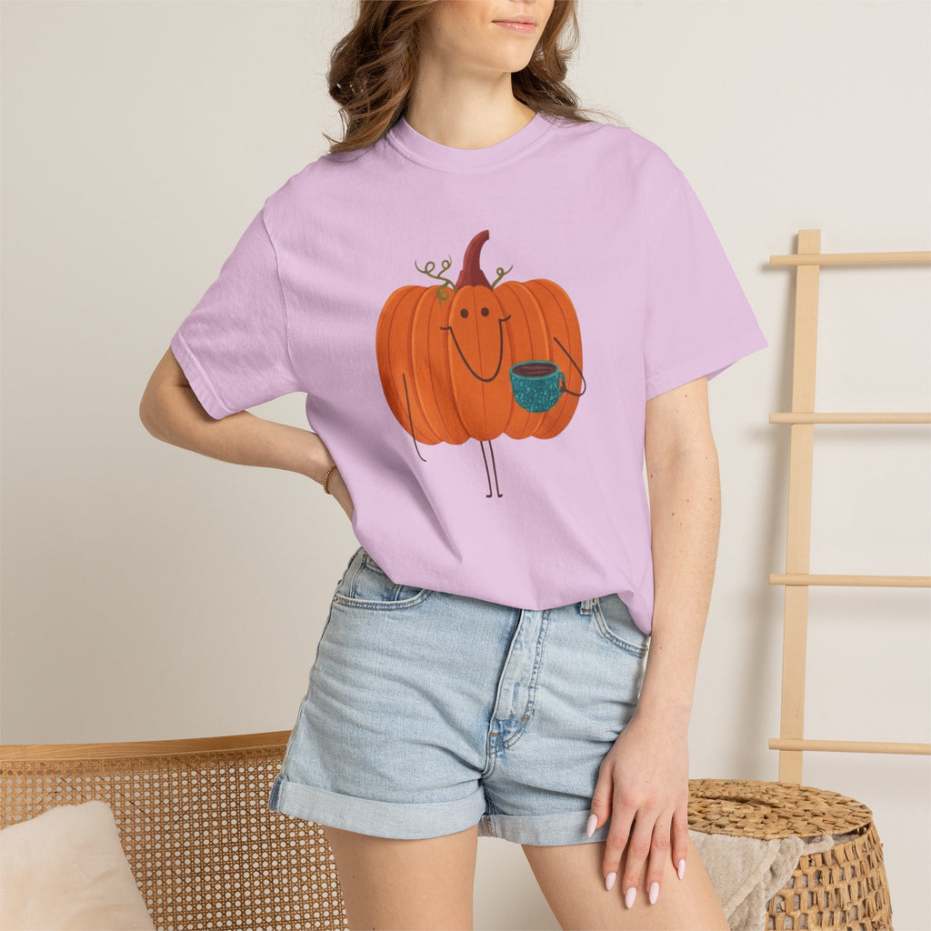 Cute Pumpkin Drinking Coffee T-Shirt, Funny Fall Season Tee, Happy Halloween T‑Shirt
