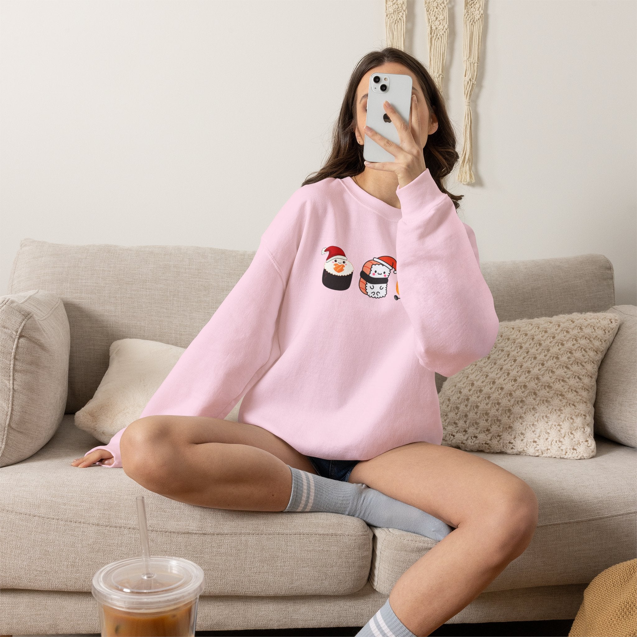 Holiday Sushi Crewneck Sweatshirt — Cute Santa Sushi Trio Christmas Sweatshirt