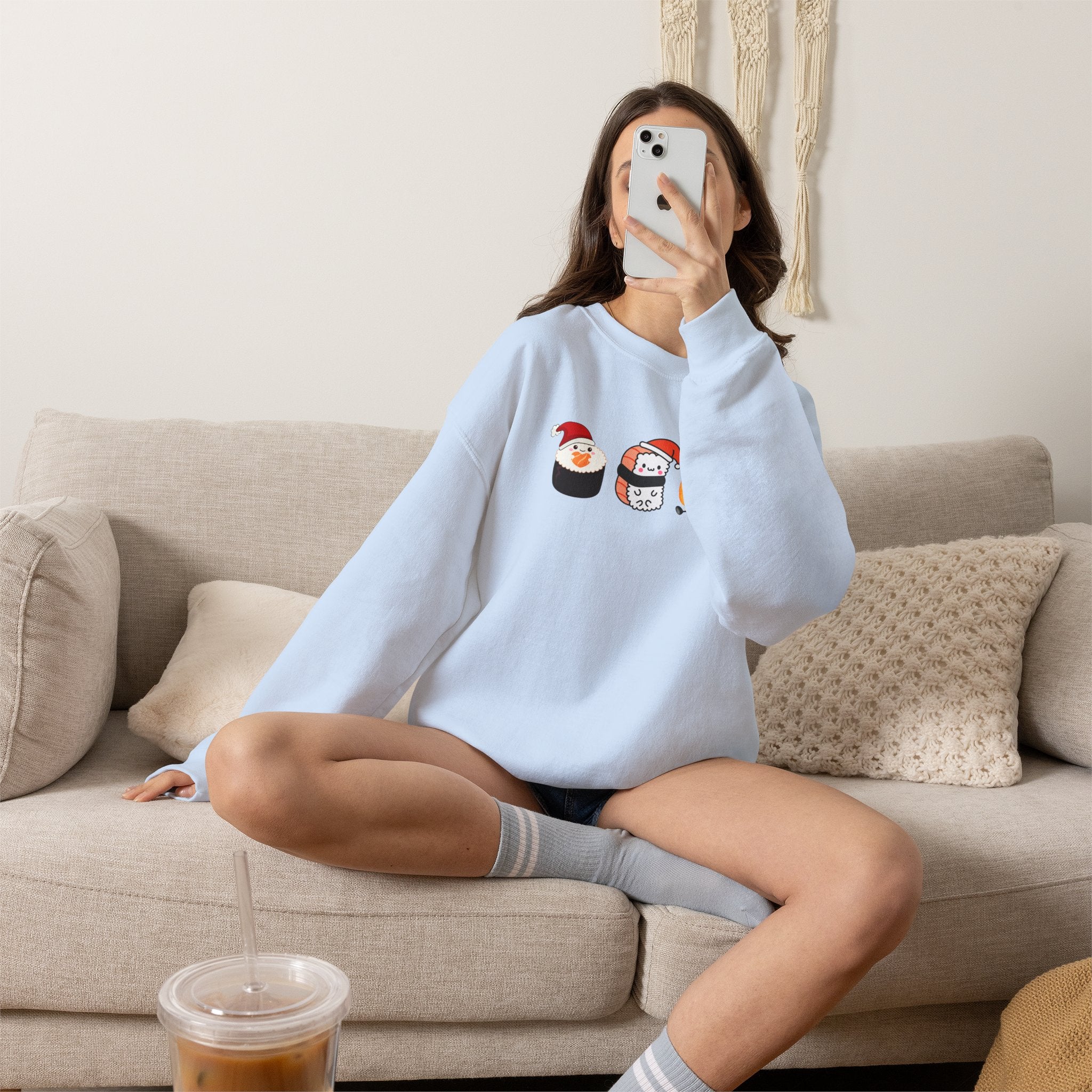 Holiday Sushi Crewneck Sweatshirt — Cute Santa Sushi Trio Christmas Sweatshirt