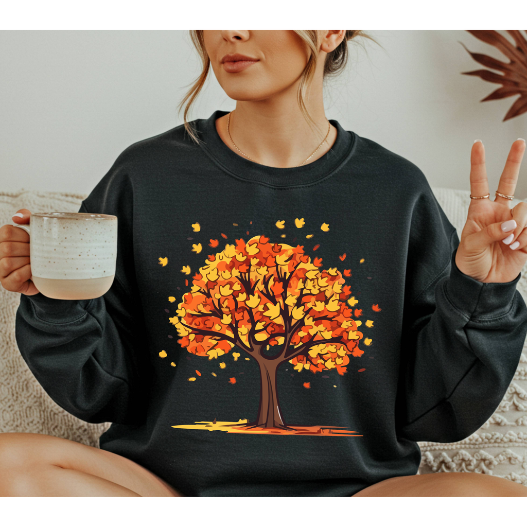 Autumn Leaves Tree Sweatshirt — Cozy Fall Crewneck Pullover, Seasonal Nature Lover Shirt