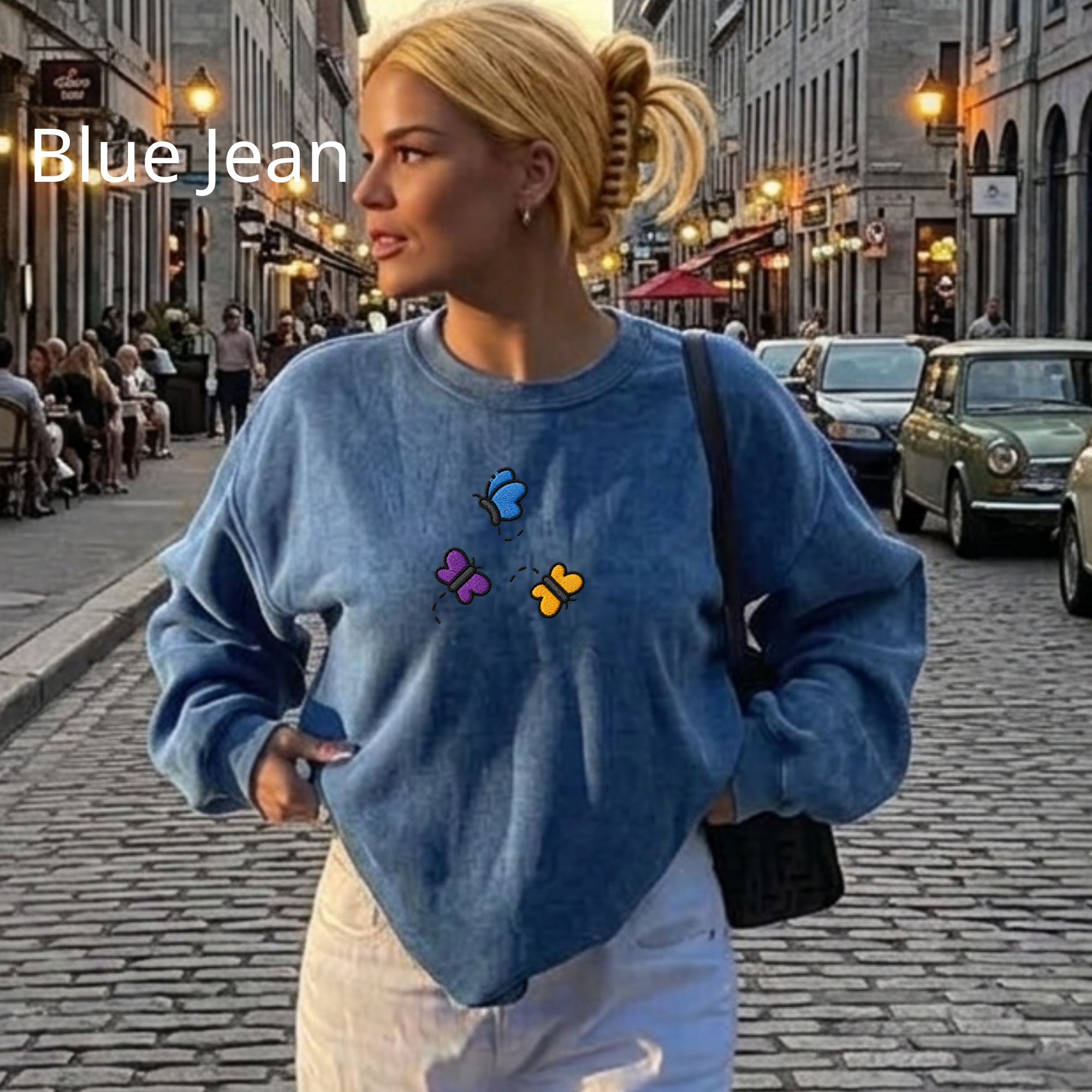 Embroidered Butterfly Crewneck Sweatshirt – Cute Aesthetic Oversized Pullover, Machine Embroidered Butterfly Design