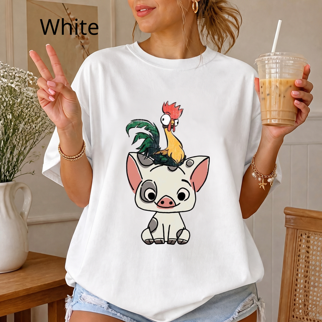 Cute Pua and Hei Hei Shirt, Retro Moana Pig and Rooster T-Shirt, Chibi Anime Graphic Tee, Cute Animal Comfort Colors Shirt