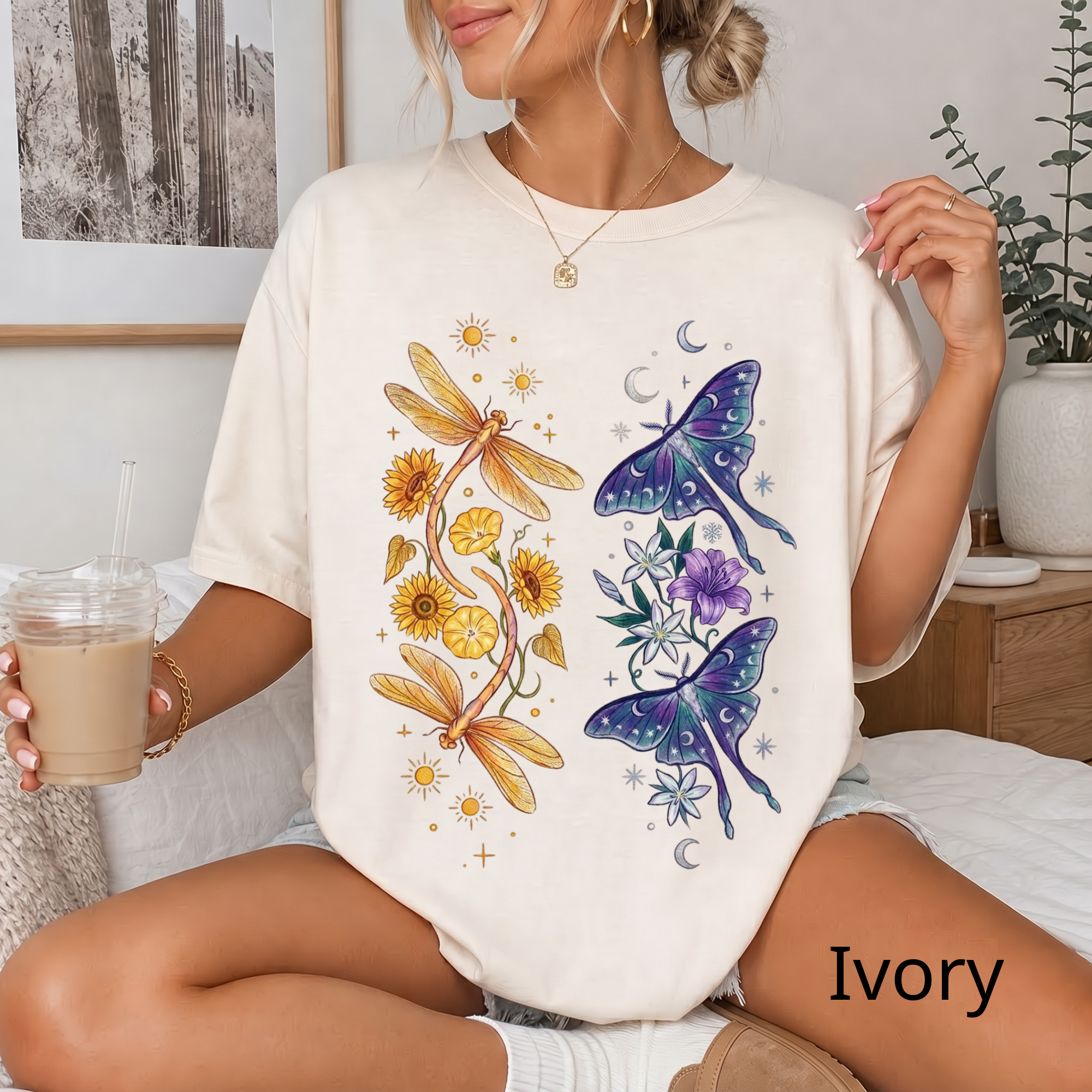 Botanical Moths T-Shirt — Golden Dragonflies & Midnight Moths Floral Tee