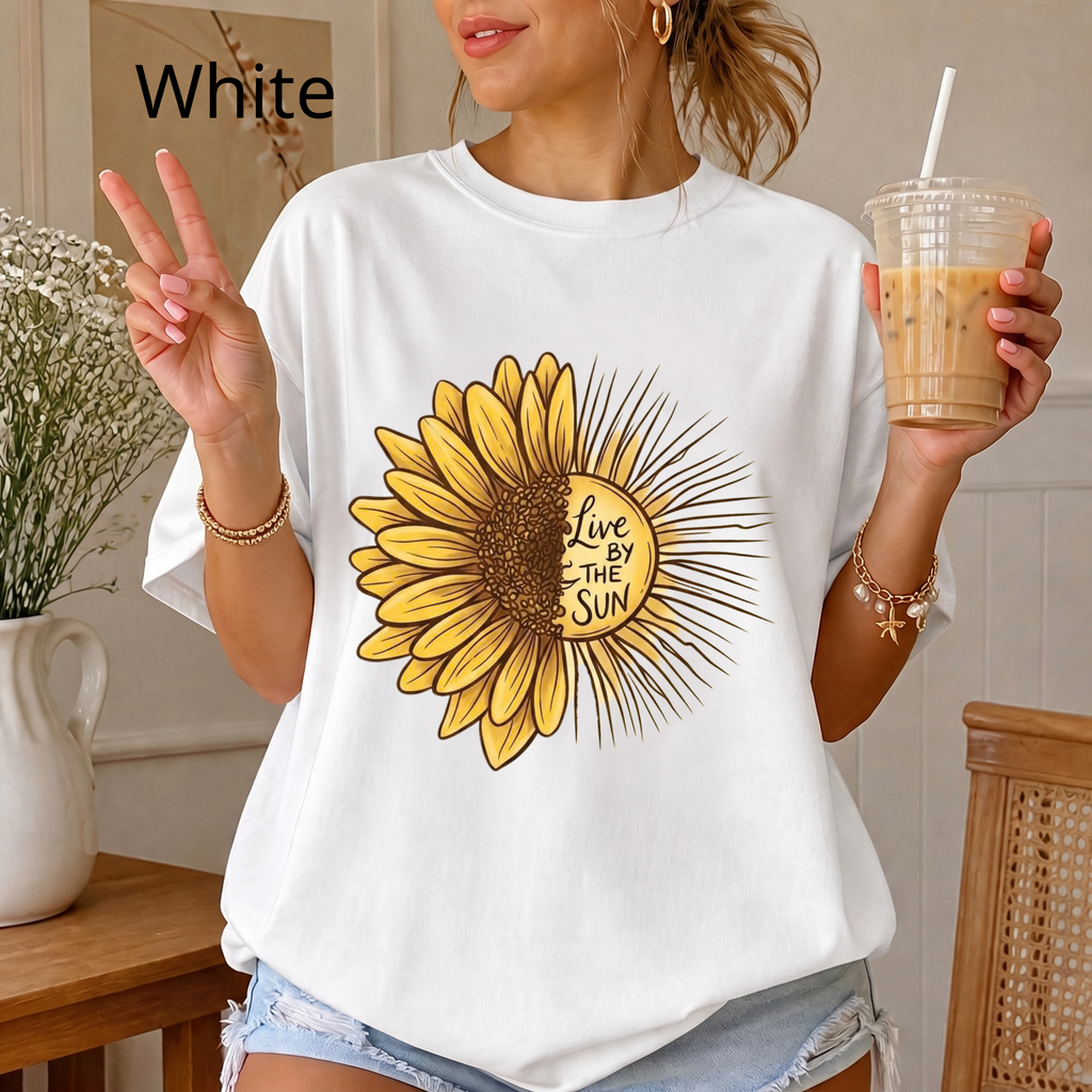 Boho Sunflower Sun Shirt, Inspirational Quote Graphic Tee, Live by the Sun Floral T-Shirt, Aesthetic Sunbeams Comfort Tee