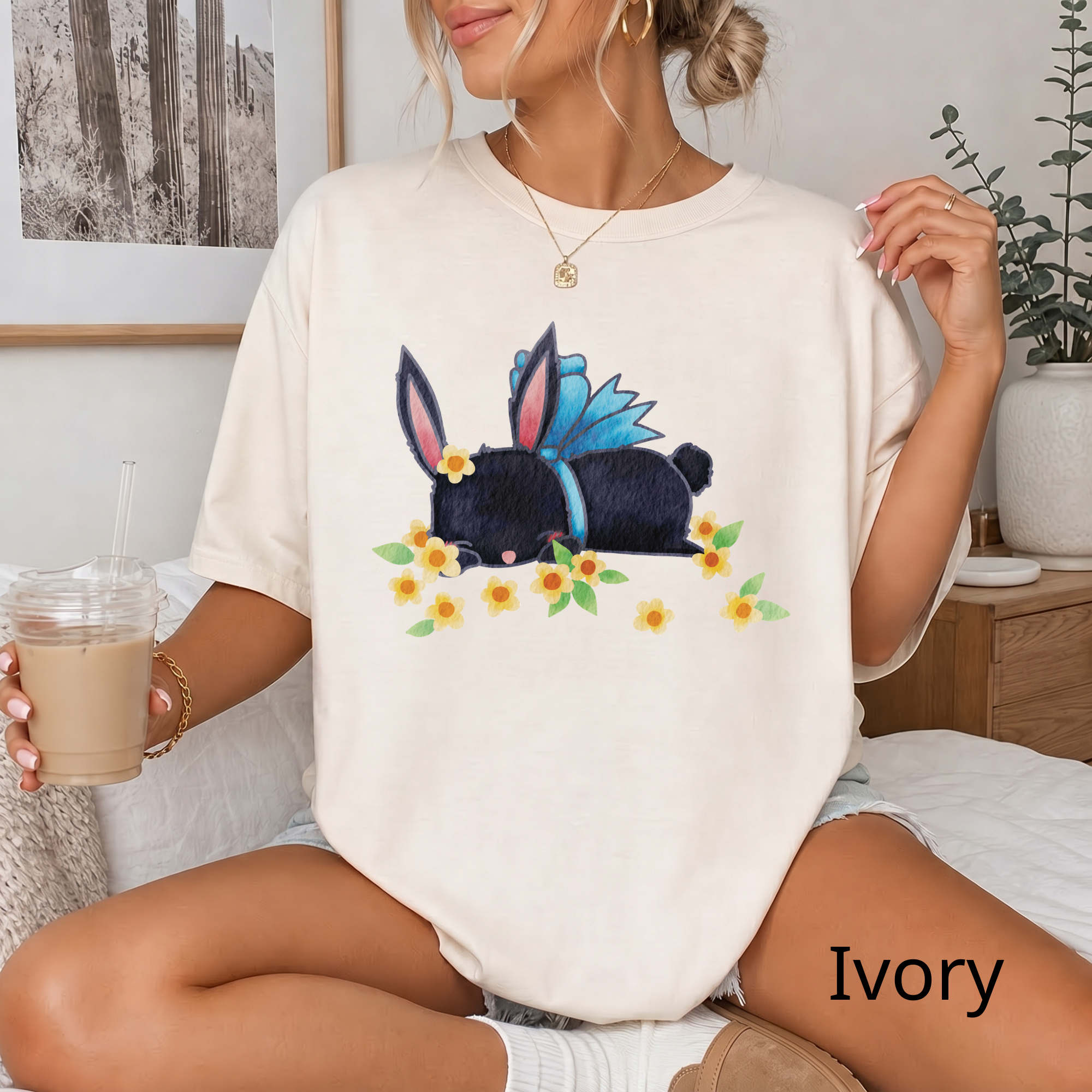 Bunny Bouquet T‑Shirt — Sleeping Black Bunny with Flowers