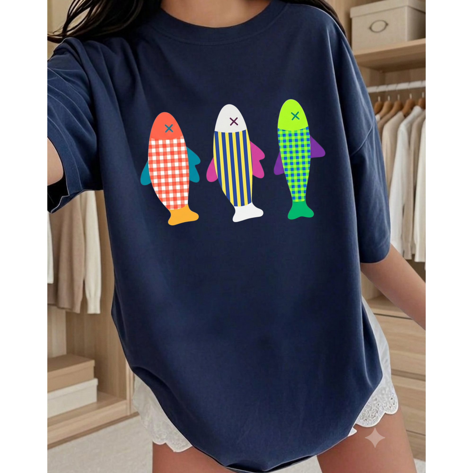 Comfort Colors® Retro Fish T-Shirt, Patchwork Quilted Fish Graphic Tee, Vintage Sardine Beach Shirt for Women