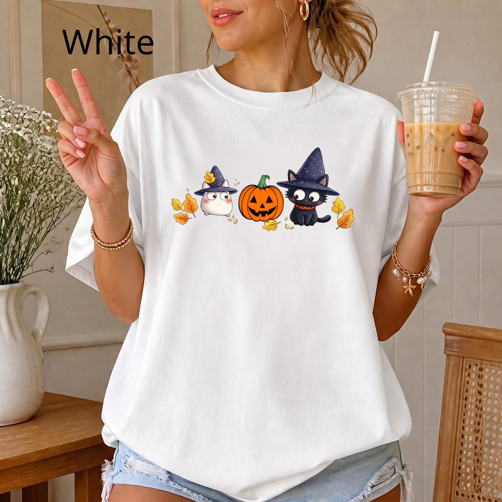Cute Halloween Witch Cat & Ghost Pumpkin T-Shirt