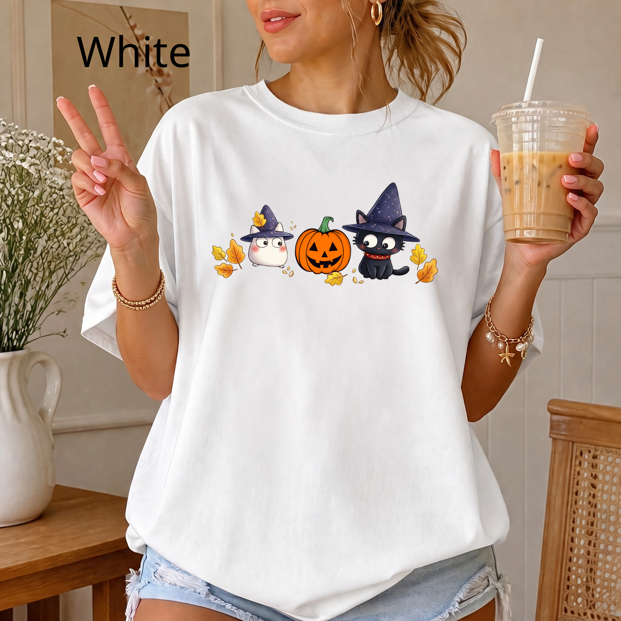 Cute Halloween Witch Cat & Ghost Pumpkin T-Shirt