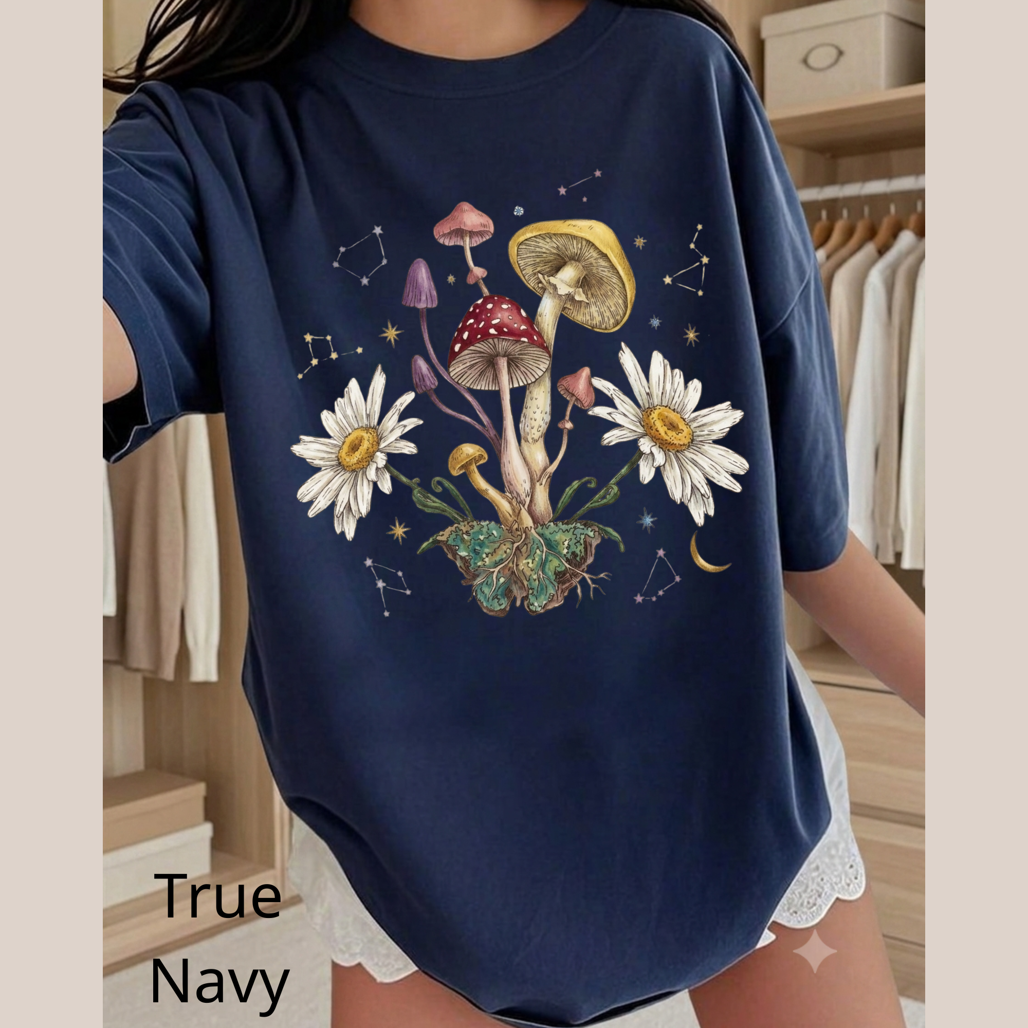 Mushroom & Daisies Botanical T-Shirt — Vintage Cottagecore Nature Tee, Floral Shirt