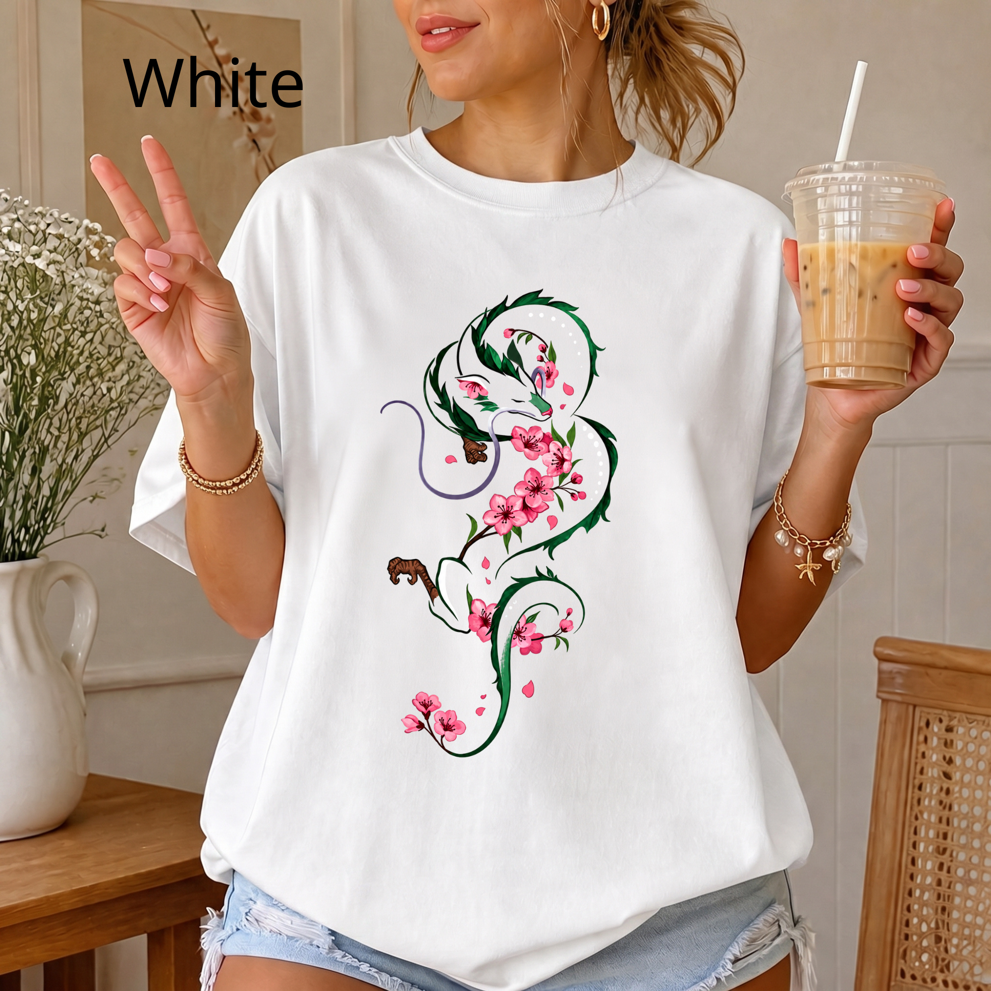Vintage Dragon and Sakura T-Shirt, Japanese Aesthetic Anime Clothing, Cherry Blossom Floral Dragon Tee, Studio Ghibli Aesthetic Tee
