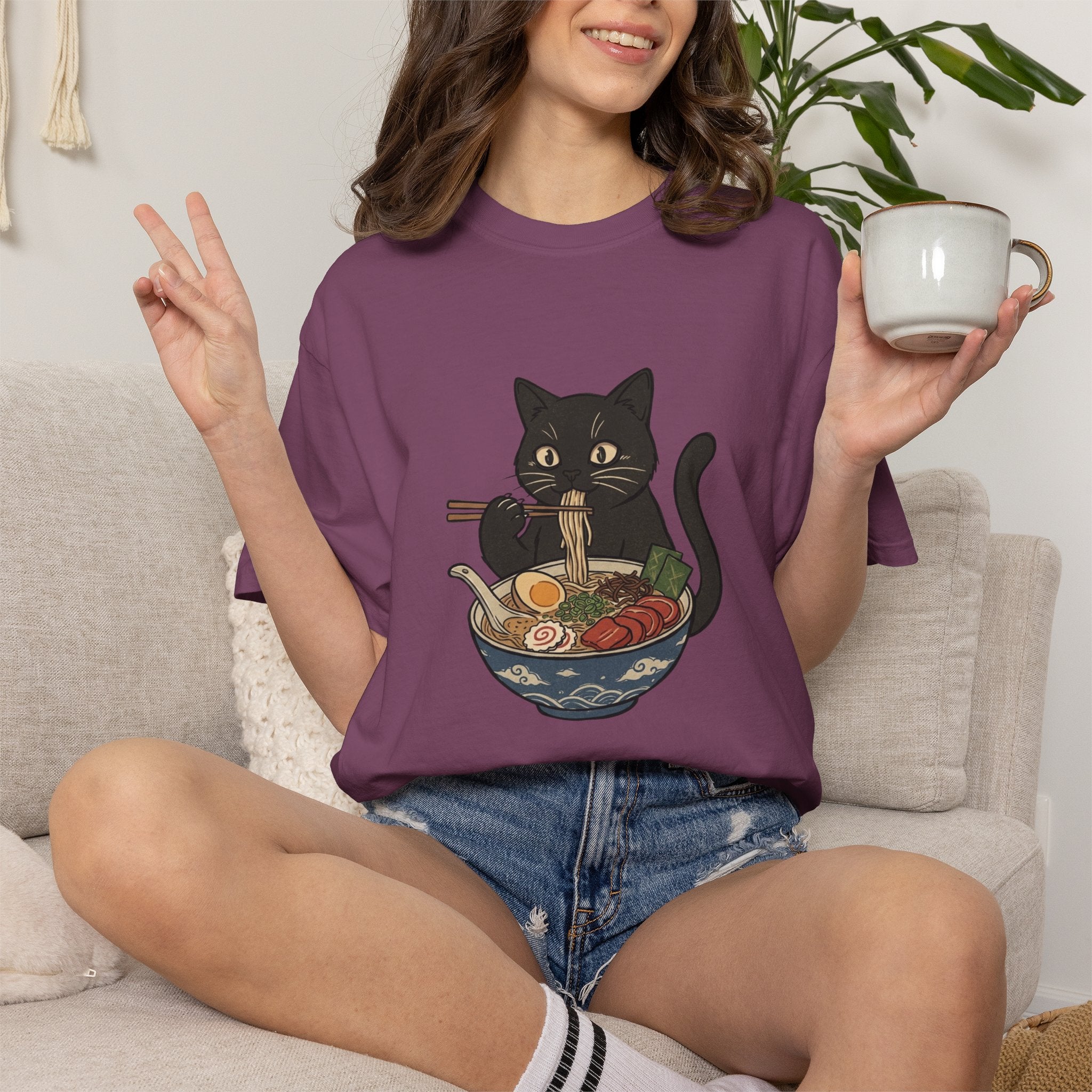Comfort Colors® Cat Ramen Unisex T-Shirt, Funny Cat Eating Ramen Graphic Tee, Vintage Kitty Casual Summer Shirt