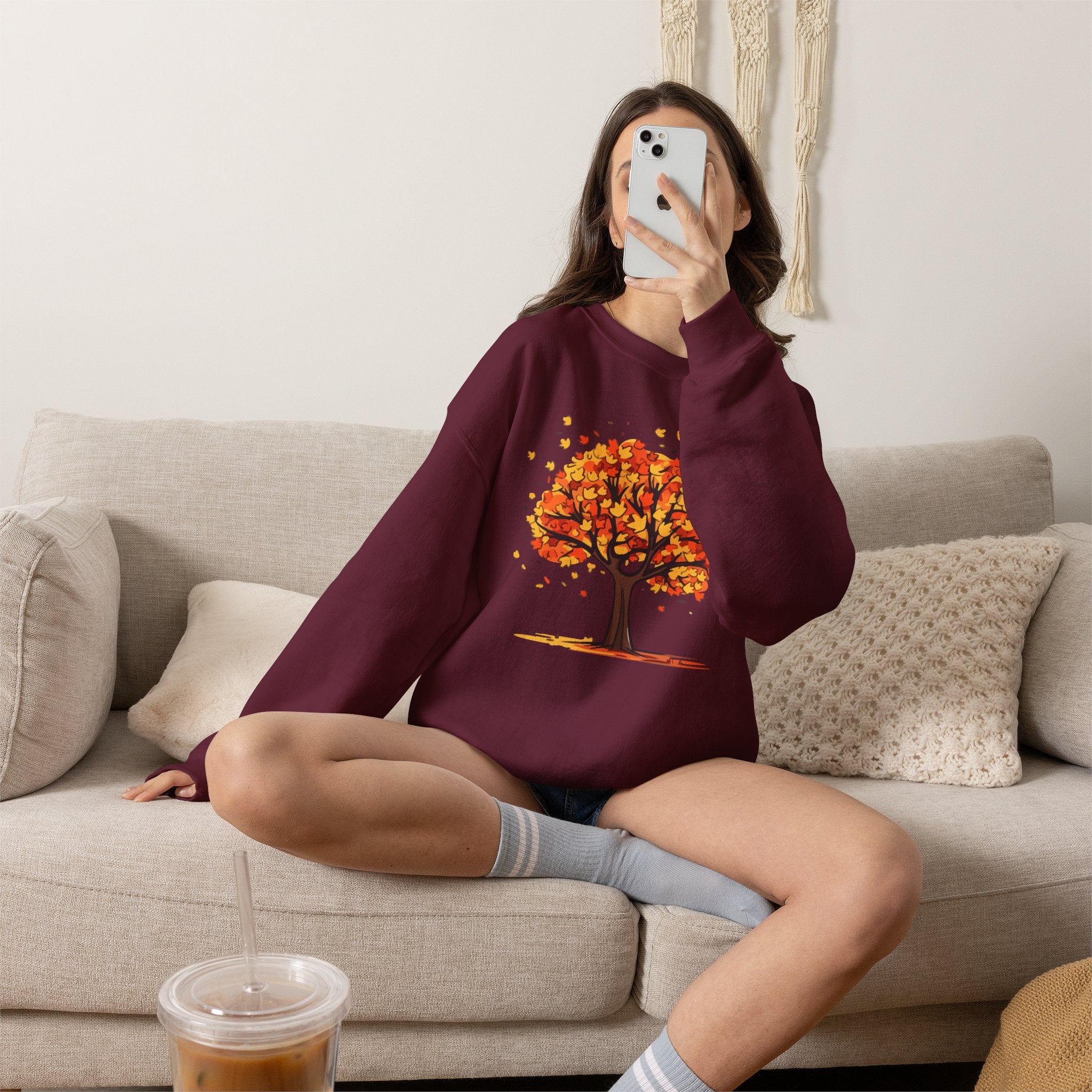 Autumn Leaves Tree Sweatshirt — Cozy Fall Crewneck Pullover, Seasonal Nature Lover Shirt