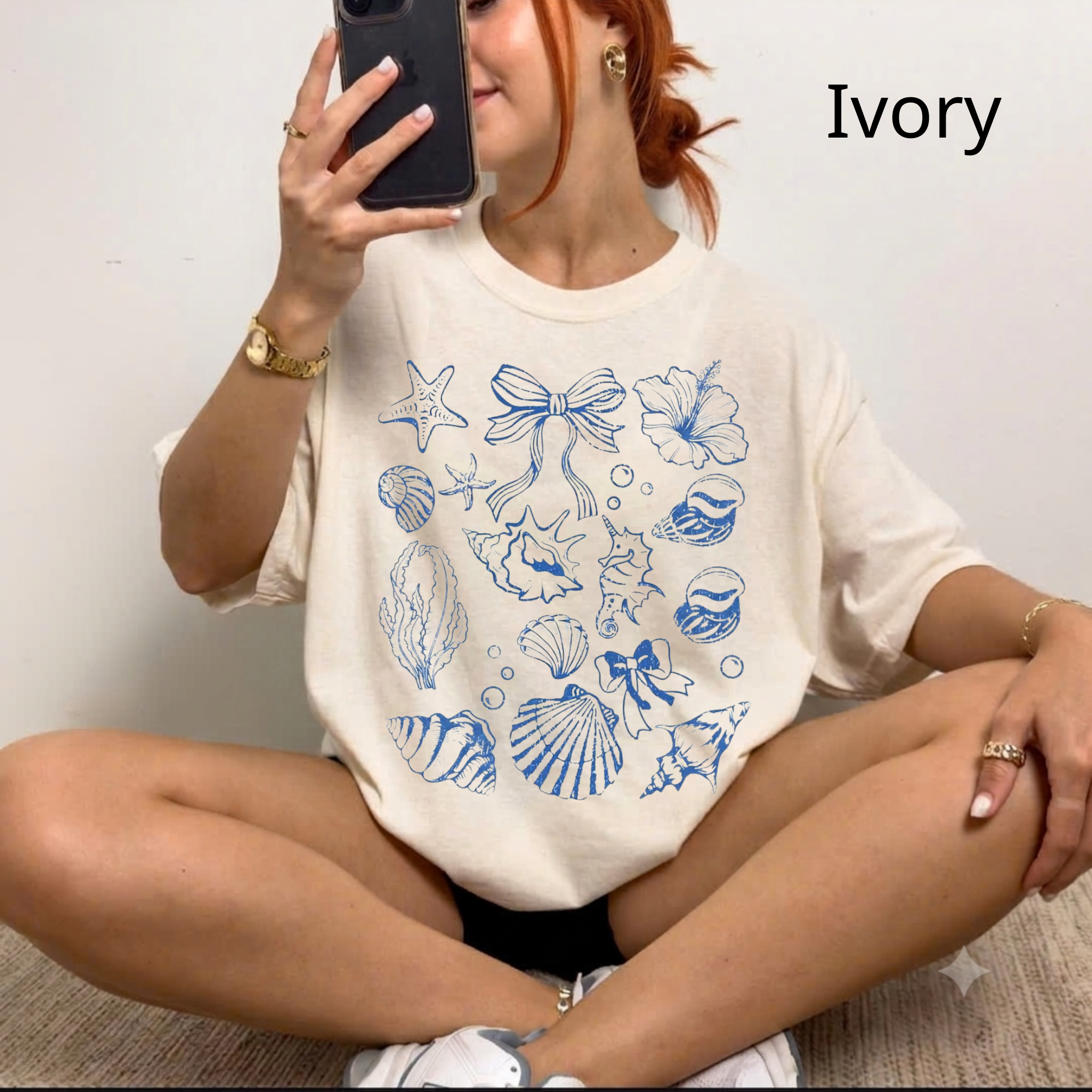 Graphic Tee for Women, Ocean Aesthetic T-Shirt with Sea Shells and Bows, Minimalist Line Art Shirt, Beach Day Cotton Top