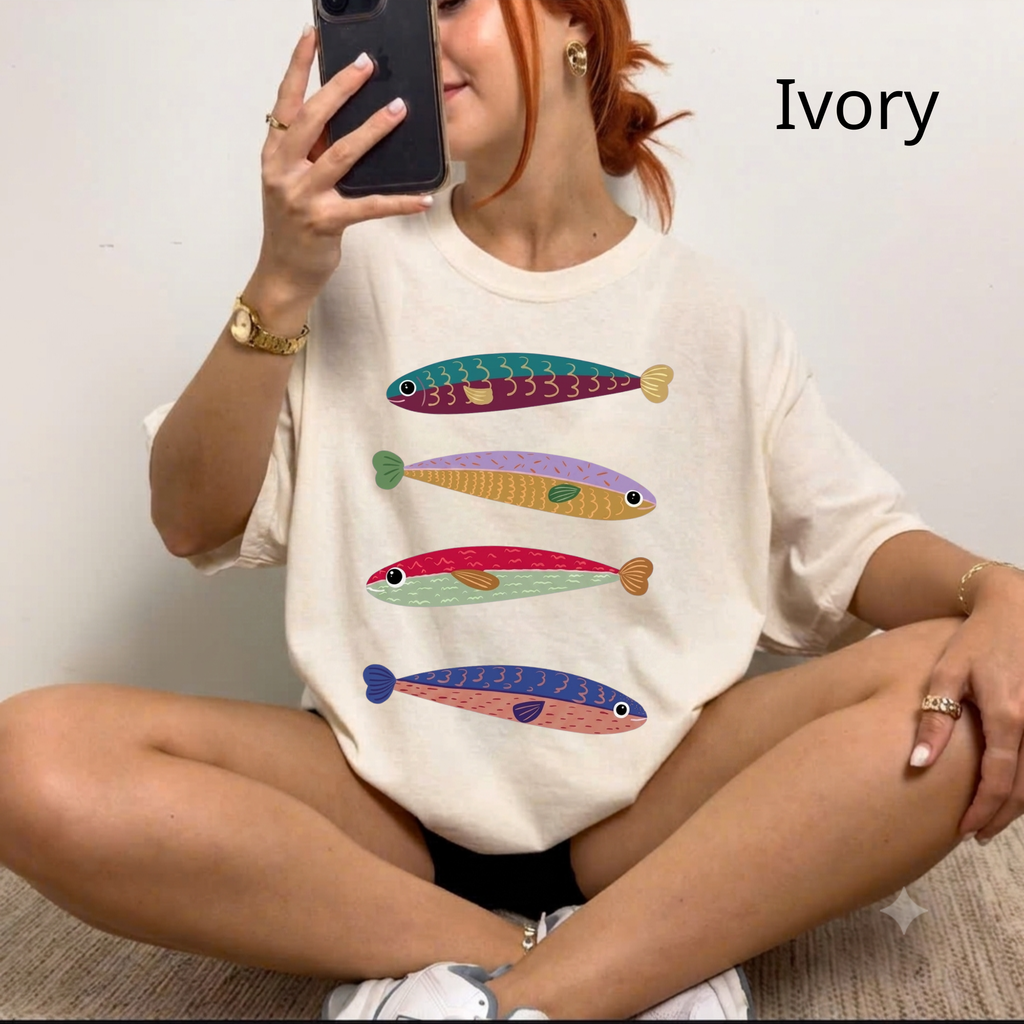 Feng Shui Fish T-Shirt, Cute Colorful Fish Tee, Aesthetic Pastel Graphic Shirt, Boho Fish Art Lover Gift, Quirky Indie Oversized Top