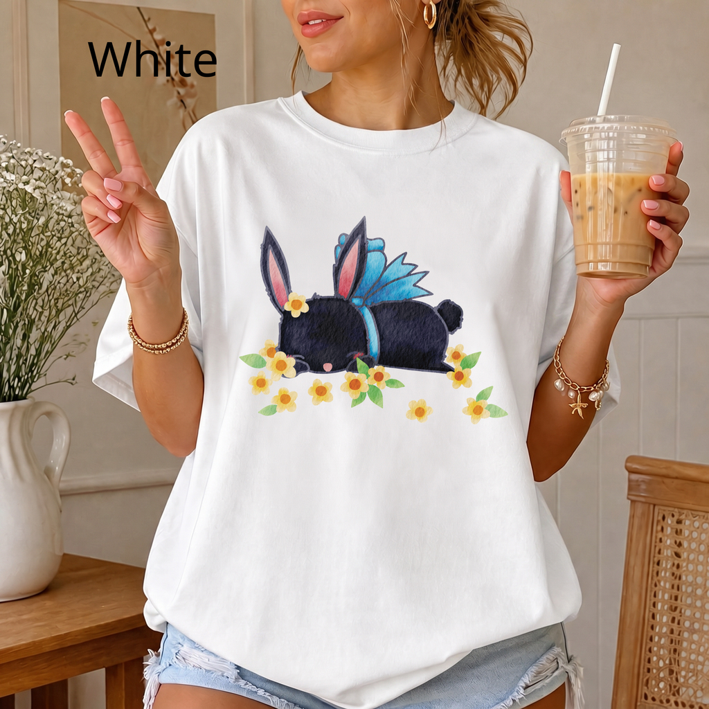Bunny Bouquet T‑Shirt — Sleeping Black Bunny with Flowers