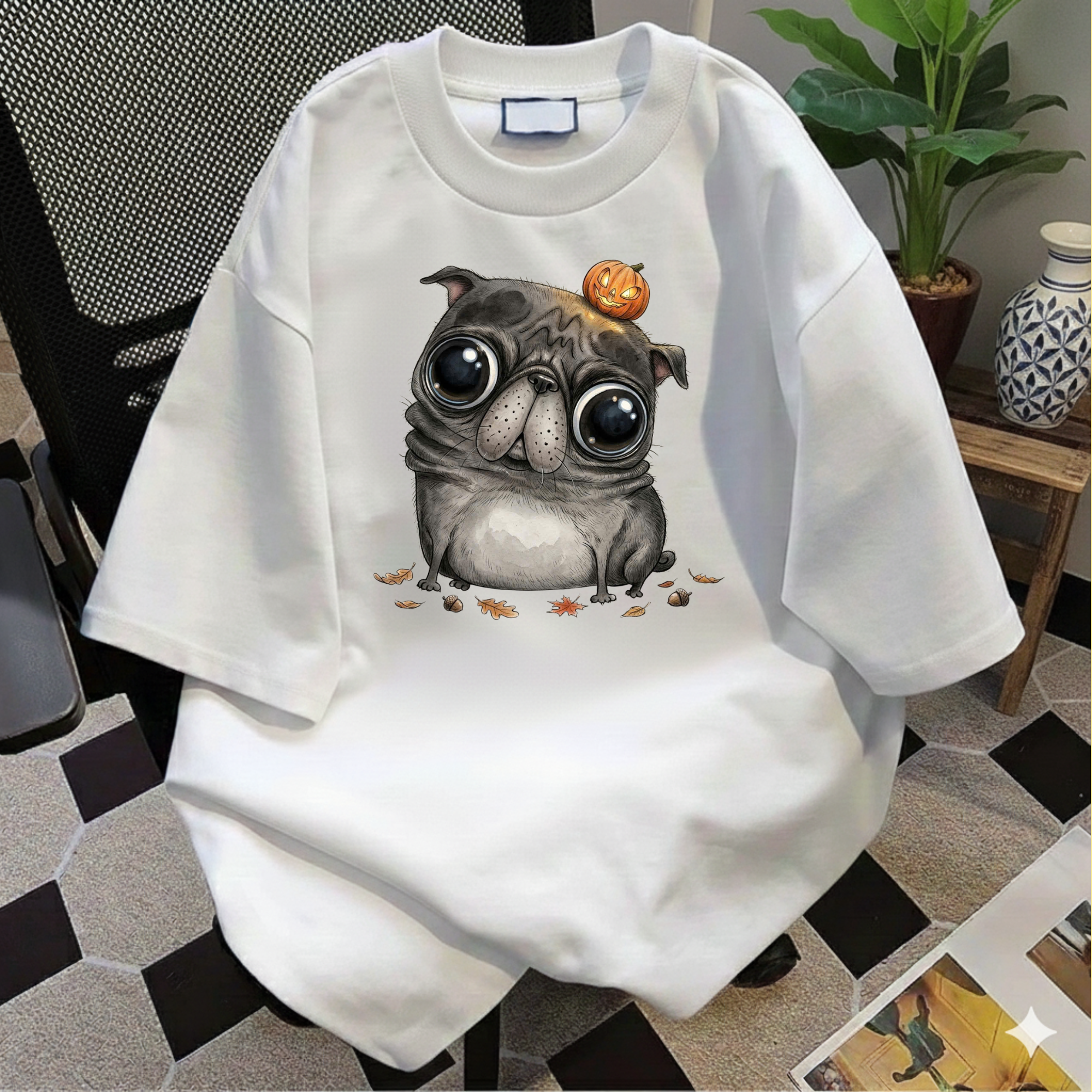 Comfort Colors® Cute Halloween Pug T-Shirt, Spooky Season Pug Puppy Tee, Big Eyes Pugkin Shirt, Pug Lover Gift
