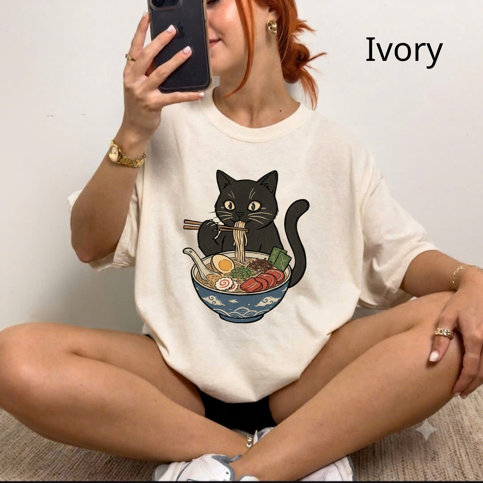 Comfort Colors® Cat Ramen Unisex T-Shirt, Funny Cat Eating Ramen Graphic Tee, Vintage Kitty Casual Summer Shirt