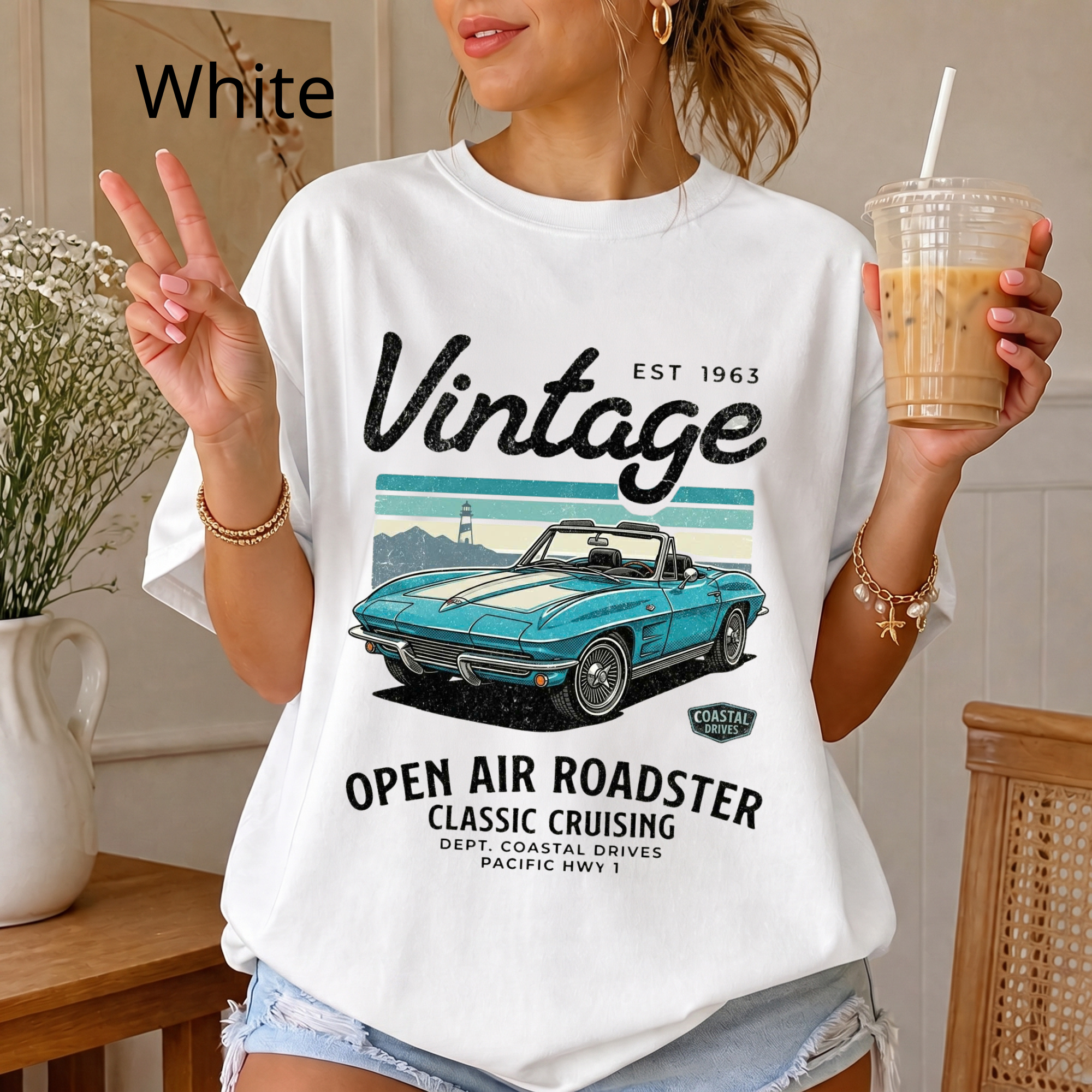 T-shirt graphique voiture rétro roadster vintage 1963 | Décapotable classique, cadeau unisexe pour les amateurs de voitures