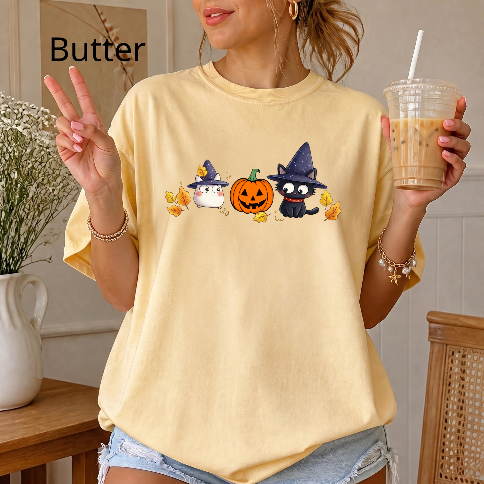 Cute Halloween Witch Cat & Ghost Pumpkin T-Shirt
