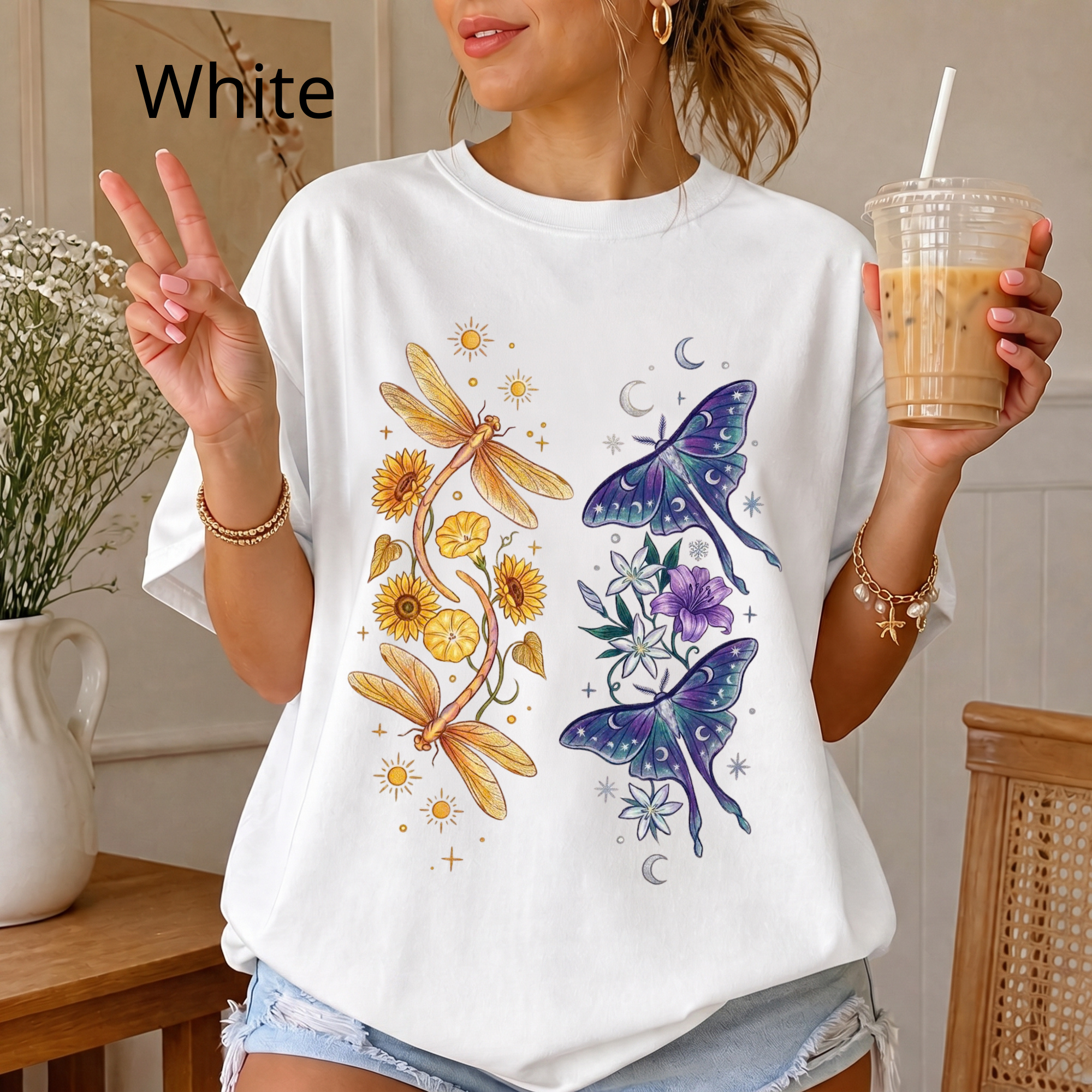 Botanical Moths T-Shirt — Golden Dragonflies & Midnight Moths Floral Tee