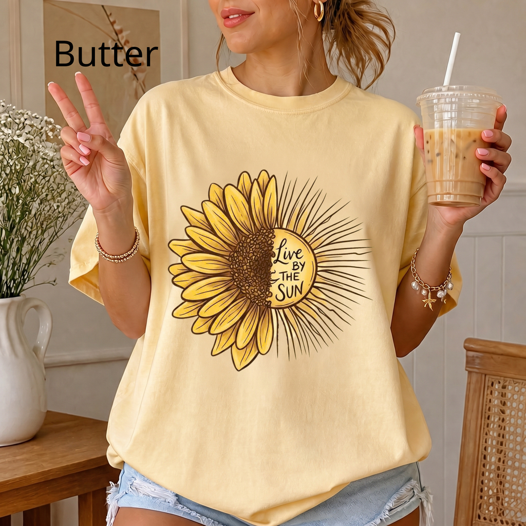 Boho Sunflower Sun Shirt, Inspirational Quote Graphic Tee, Live by the Sun Floral T-Shirt, Aesthetic Sunbeams Comfort Tee