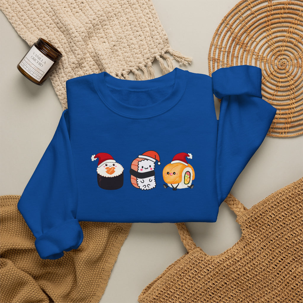 Holiday Sushi Crewneck Sweatshirt — Cute Santa Sushi Trio Christmas Sweatshirt