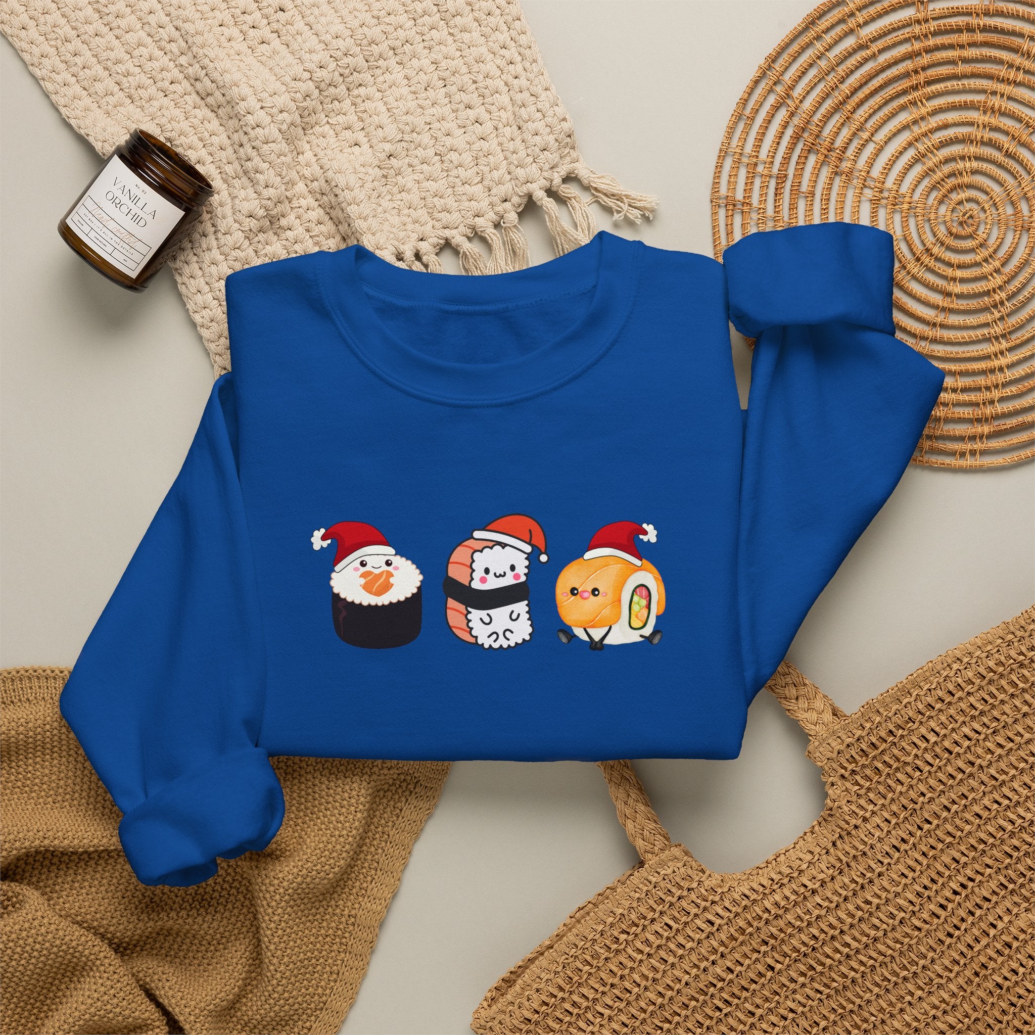 Holiday Sushi Crewneck Sweatshirt — Cute Santa Sushi Trio Christmas Sweatshirt