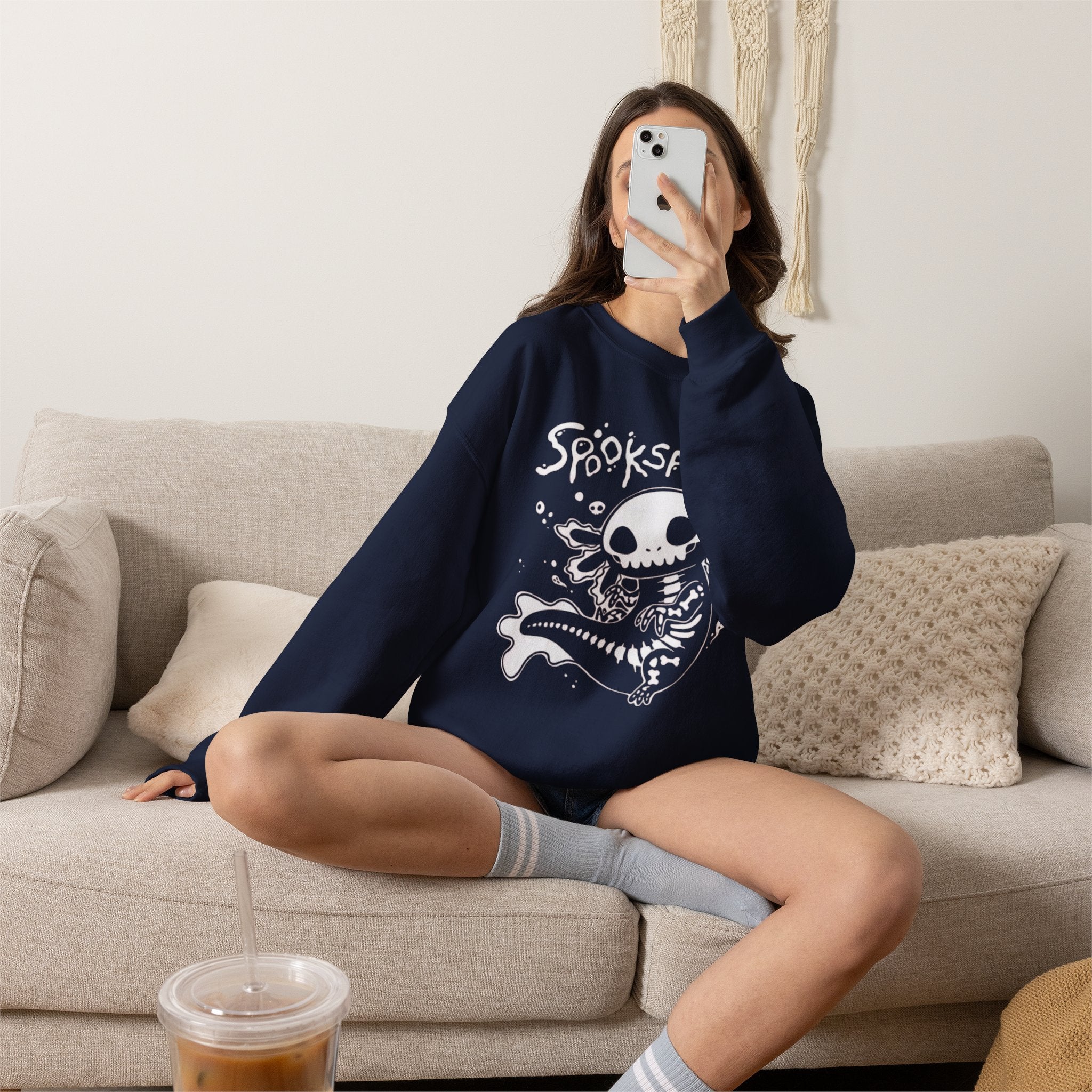 Spooksalotl Axolotl Skeleton Sweatshirt — Cute Spooky Gothic Crewneck