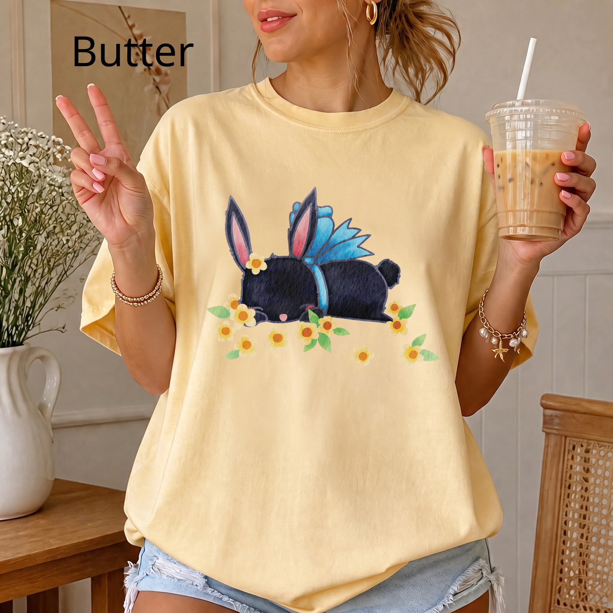 Bunny Bouquet T‑Shirt — Sleeping Black Bunny with Flowers
