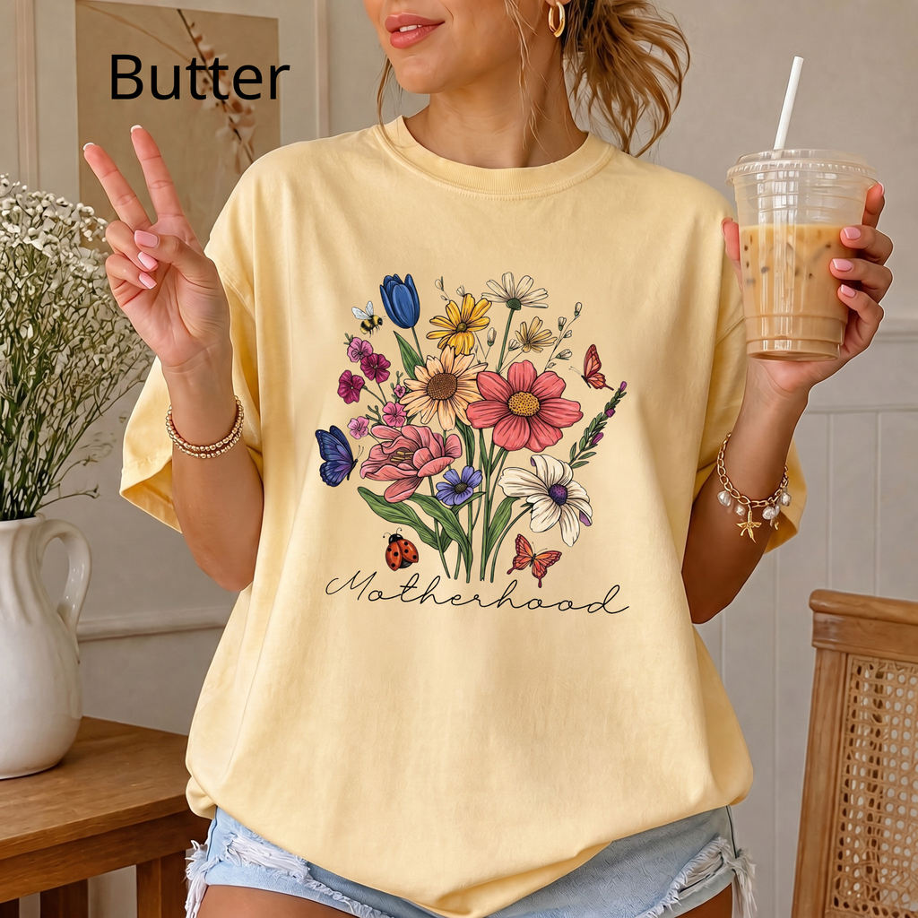 Floral Wildflower Bouquet T-Shirt — Motherhood Script