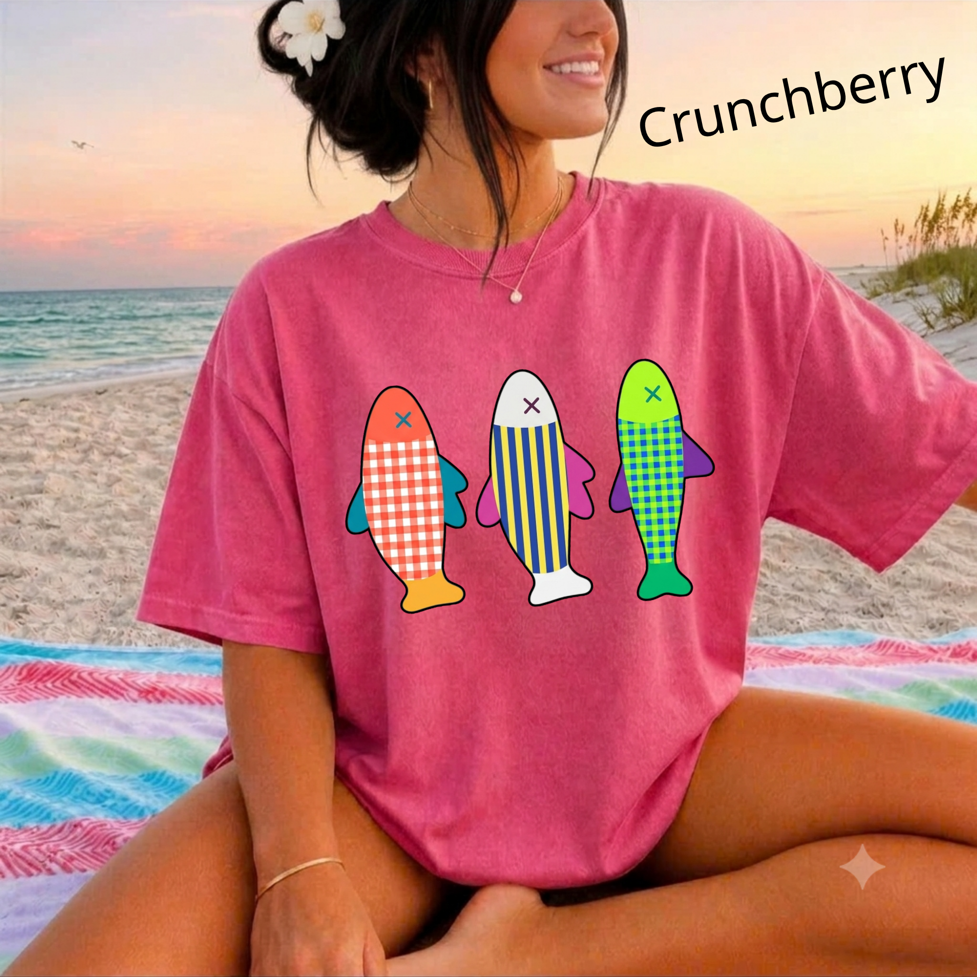 Comfort Colors® Retro Fish T-Shirt, Patchwork Quilted Fish Graphic Tee, Vintage Sardine Beach Shirt for Women