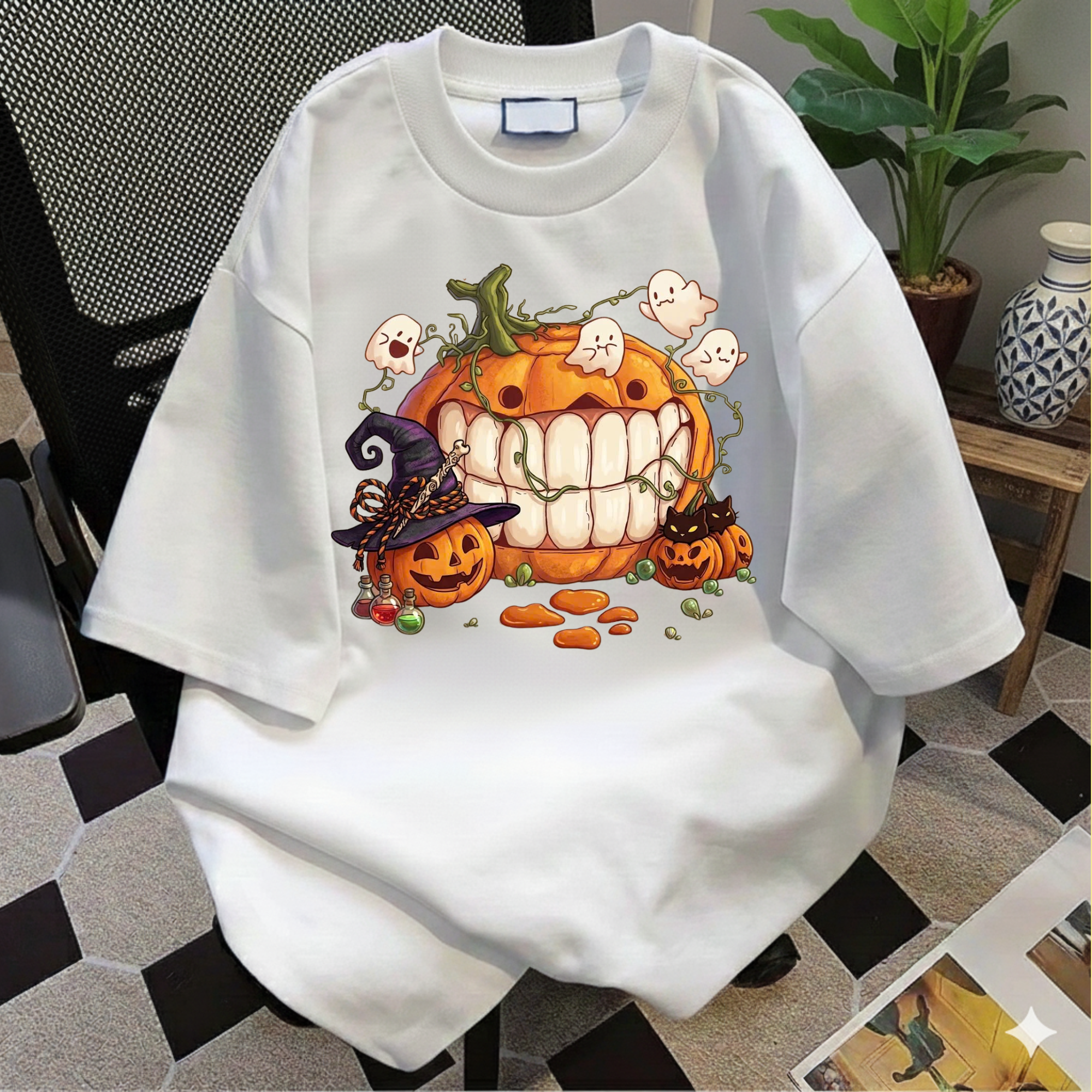 Halloween Pumpkin T-Shirt, Spooky Cute Ghost Graphic Tee, Funny Witch Hat Pumpkin Shirt, Retro Style Fall Festival T-Shirt, Cute Halloween Gift
