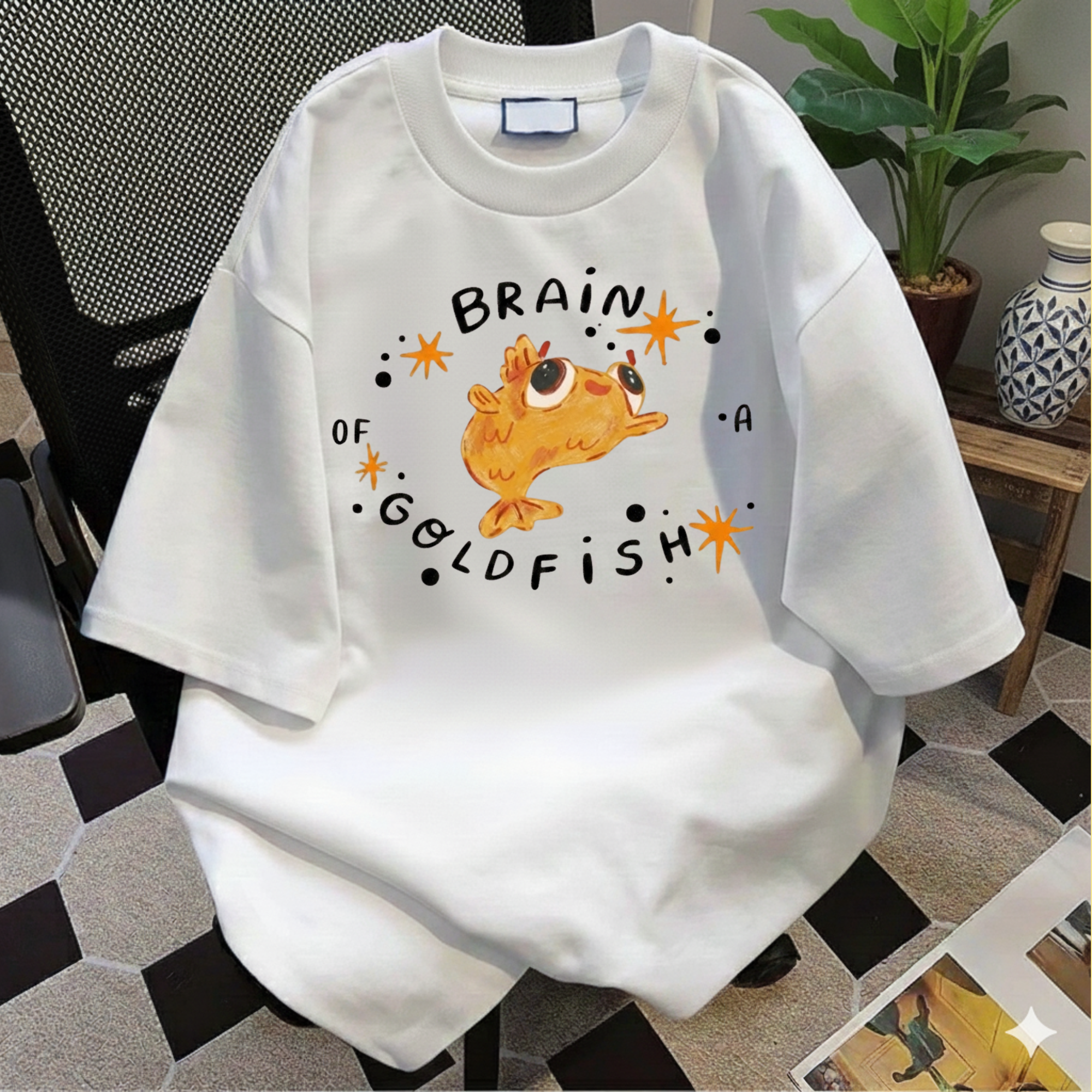 Brain of a Goldfish Cute Graphic Tee, Funny Fish T-Shirt, Aesthetic Retro Casual Cotton Shirt