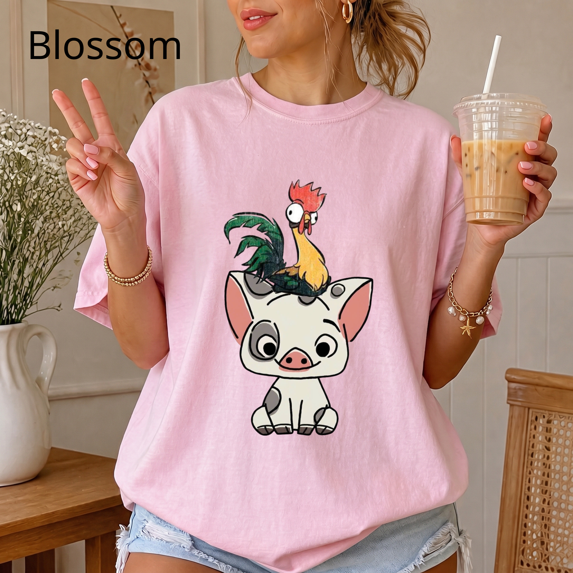 Cute Pua and Hei Hei Shirt, Retro Moana Pig and Rooster T-Shirt, Chibi Anime Graphic Tee, Cute Animal Comfort Colors Shirt