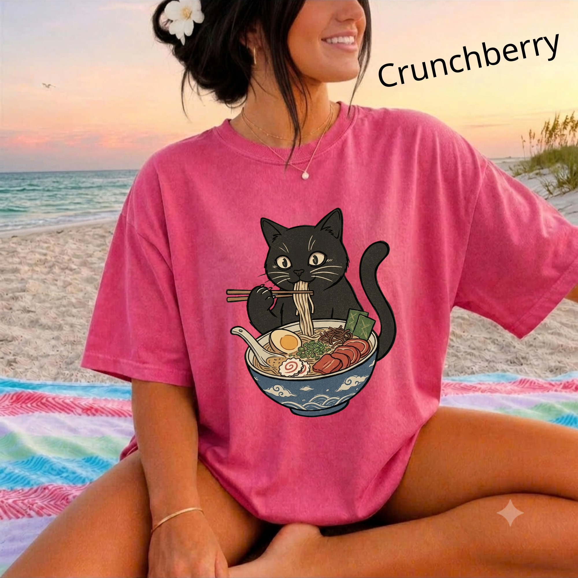 Comfort Colors® Cat Ramen Unisex T-Shirt, Funny Cat Eating Ramen Graphic Tee, Vintage Kitty Casual Summer Shirt