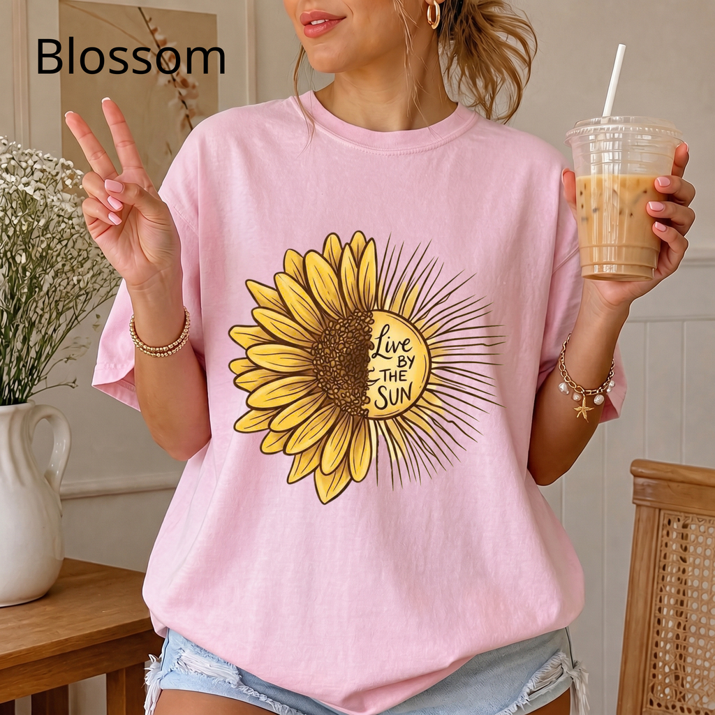 Boho Sunflower Sun Shirt, Inspirational Quote Graphic Tee, Live by the Sun Floral T-Shirt, Aesthetic Sunbeams Comfort Tee
