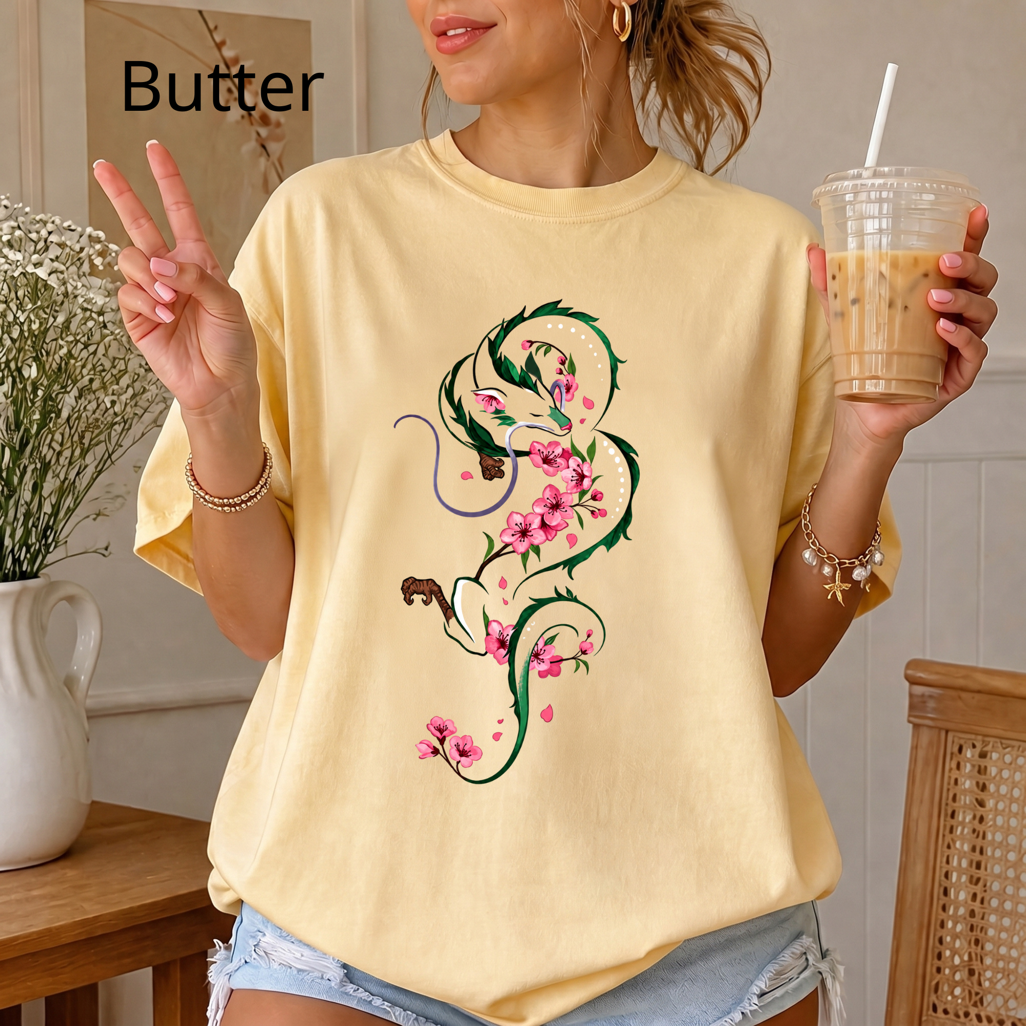 Vintage Dragon and Sakura T-Shirt, Japanese Aesthetic Anime Clothing, Cherry Blossom Floral Dragon Tee, Studio Ghibli Aesthetic Tee
