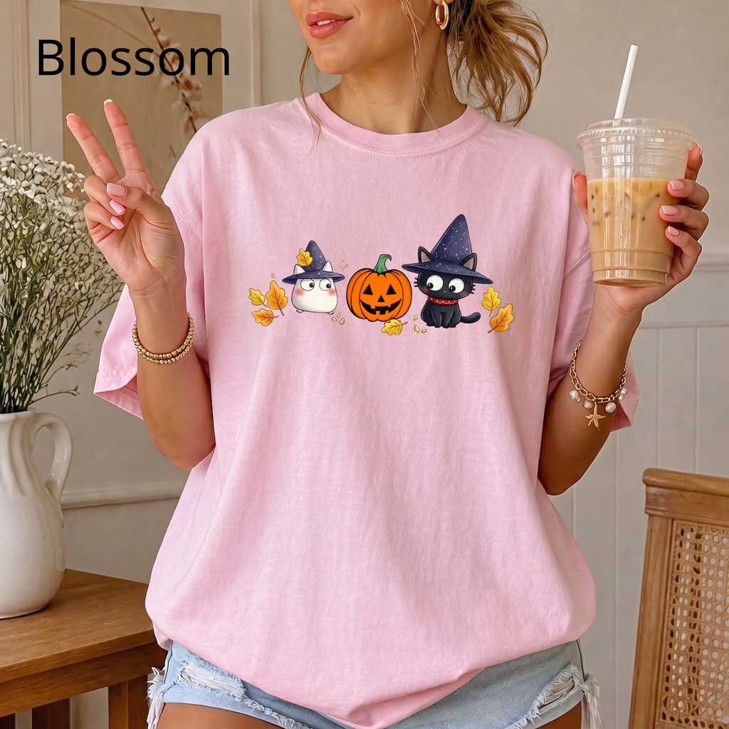 Cute Halloween Witch Cat & Ghost Pumpkin T-Shirt