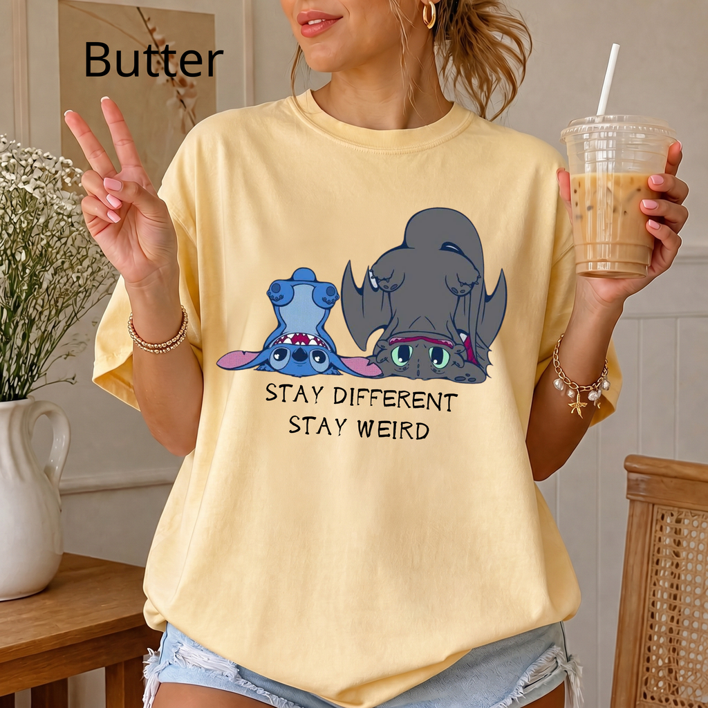 "Stay Different Stay Weird" Shirt, Stitch and Toothless cute tee