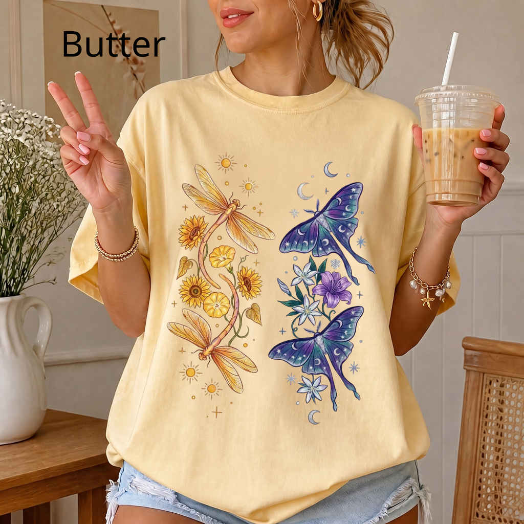 Botanical Moths T-Shirt — Golden Dragonflies & Midnight Moths Floral Tee
