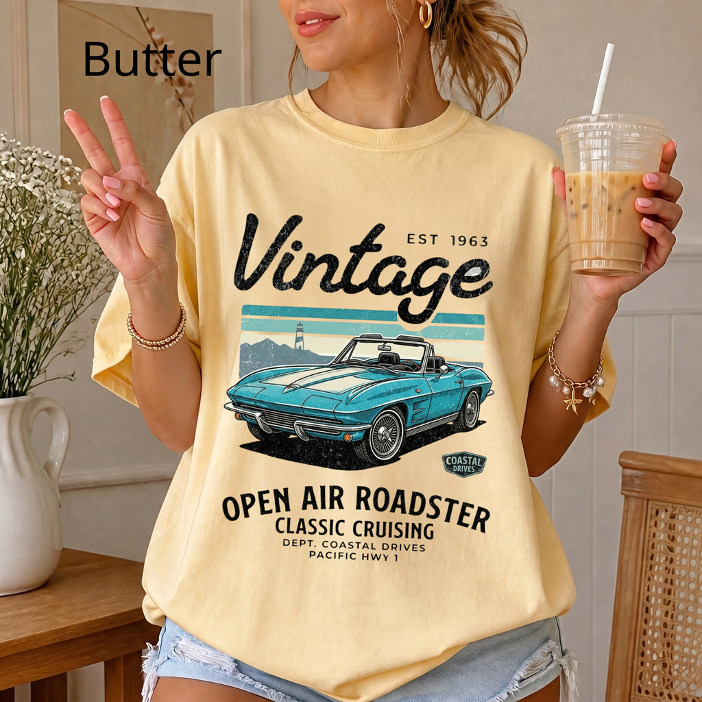 Vintage 1963 Roadster Retro Car Graphic Tee T-Shirt | Classic Convertible Cruising, Unisex Tee Gift for Car Lovers