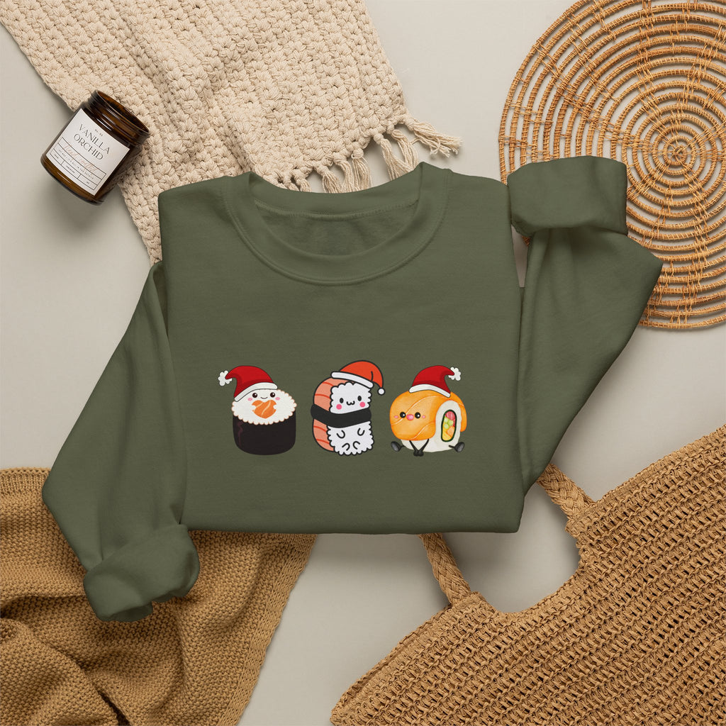 Holiday Sushi Crewneck Sweatshirt — Cute Santa Sushi Trio Christmas Sweatshirt