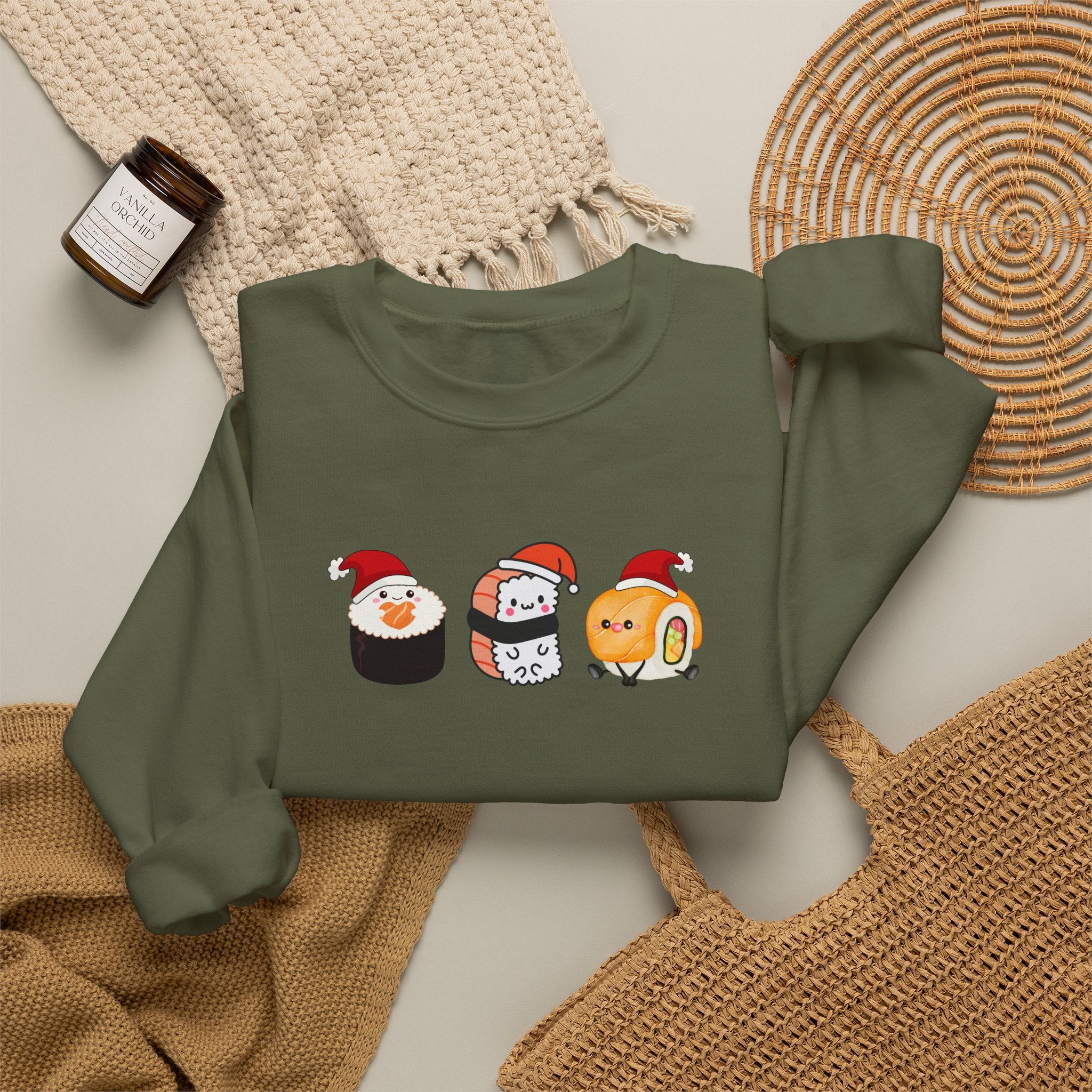 Holiday Sushi Crewneck Sweatshirt — Cute Santa Sushi Trio Christmas Sweatshirt