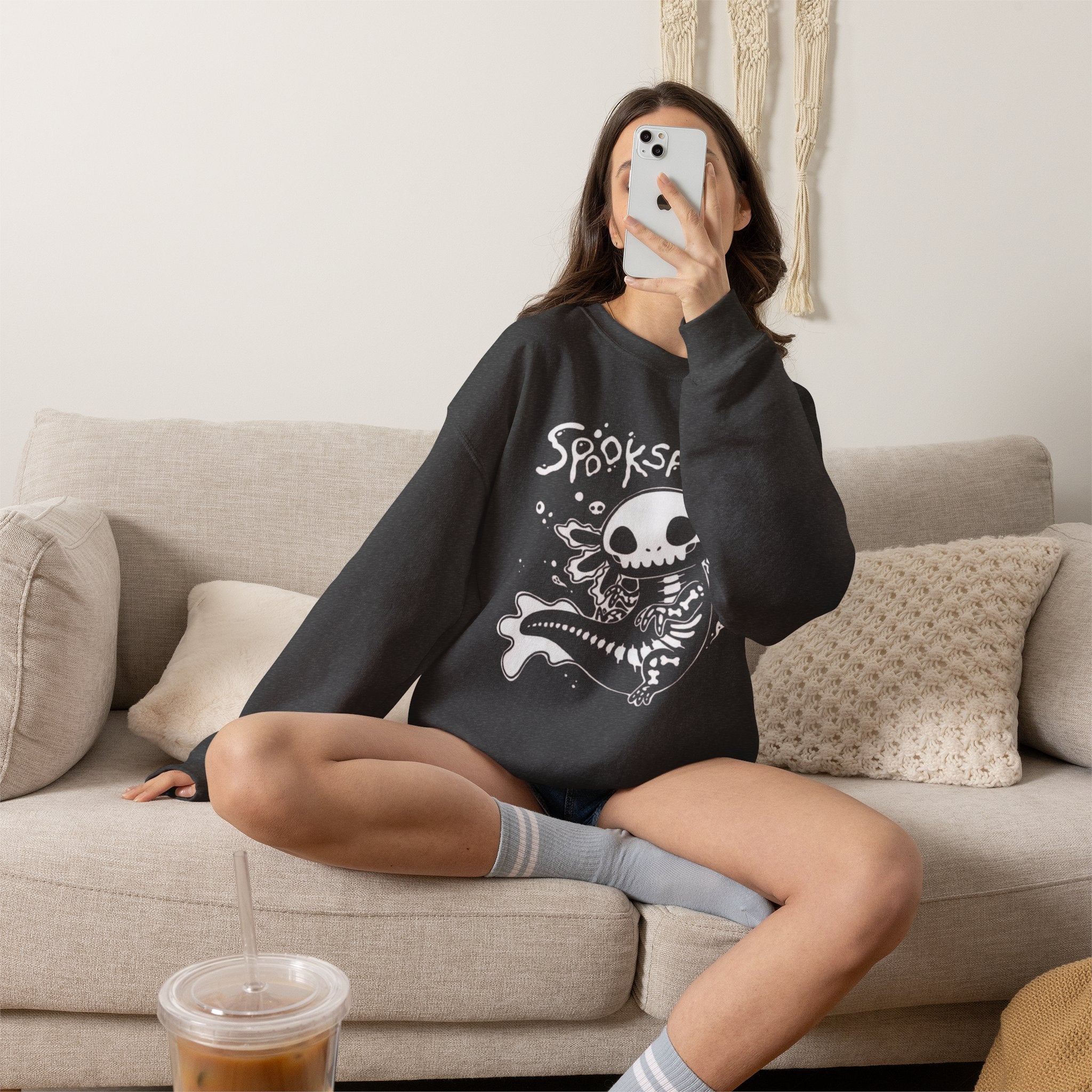 Spooksalotl Axolotl Skeleton Sweatshirt — Cute Spooky Gothic Crewneck