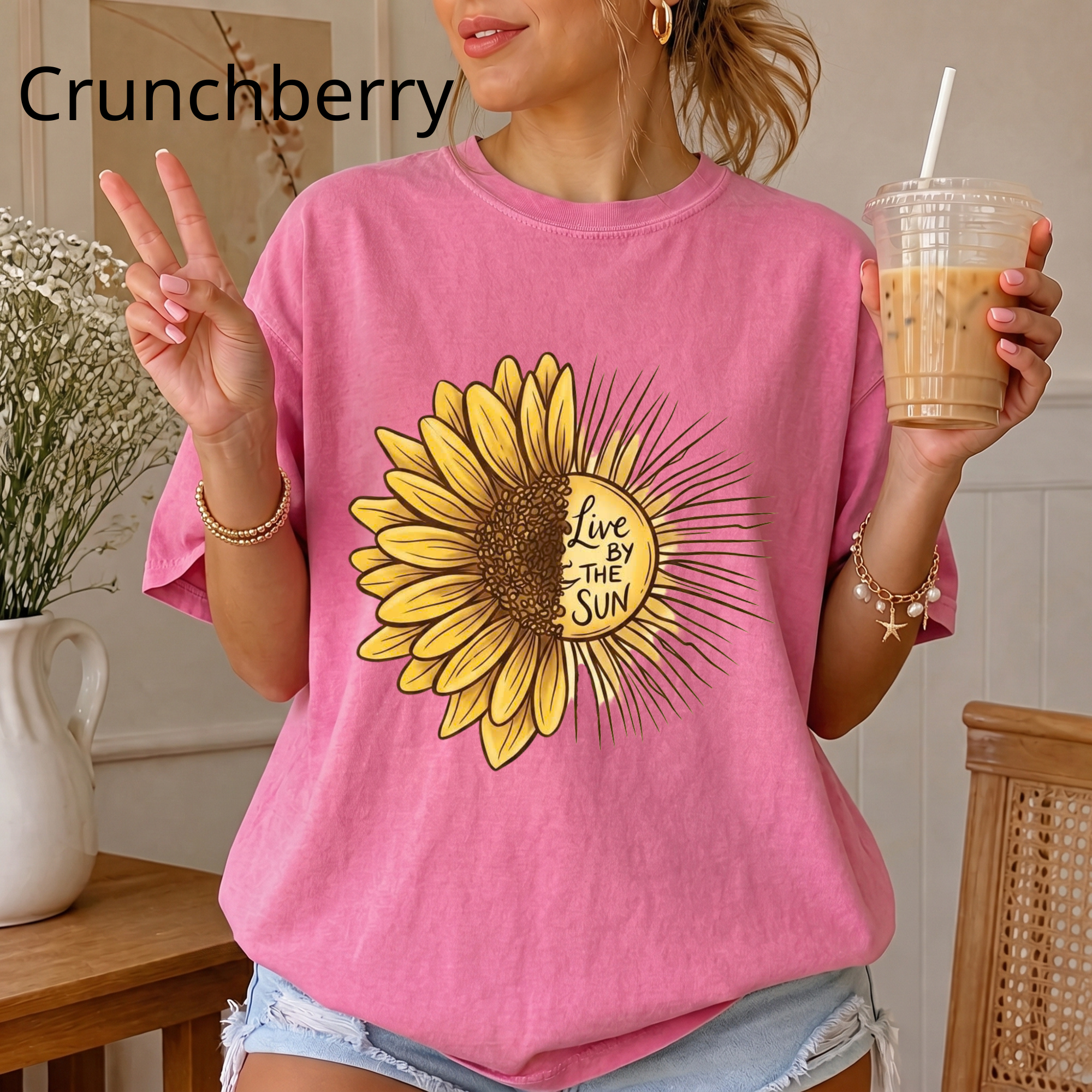 Boho Sunflower Sun Shirt, Inspirational Quote Graphic Tee, Live by the Sun Floral T-Shirt, Aesthetic Sunbeams Comfort Tee