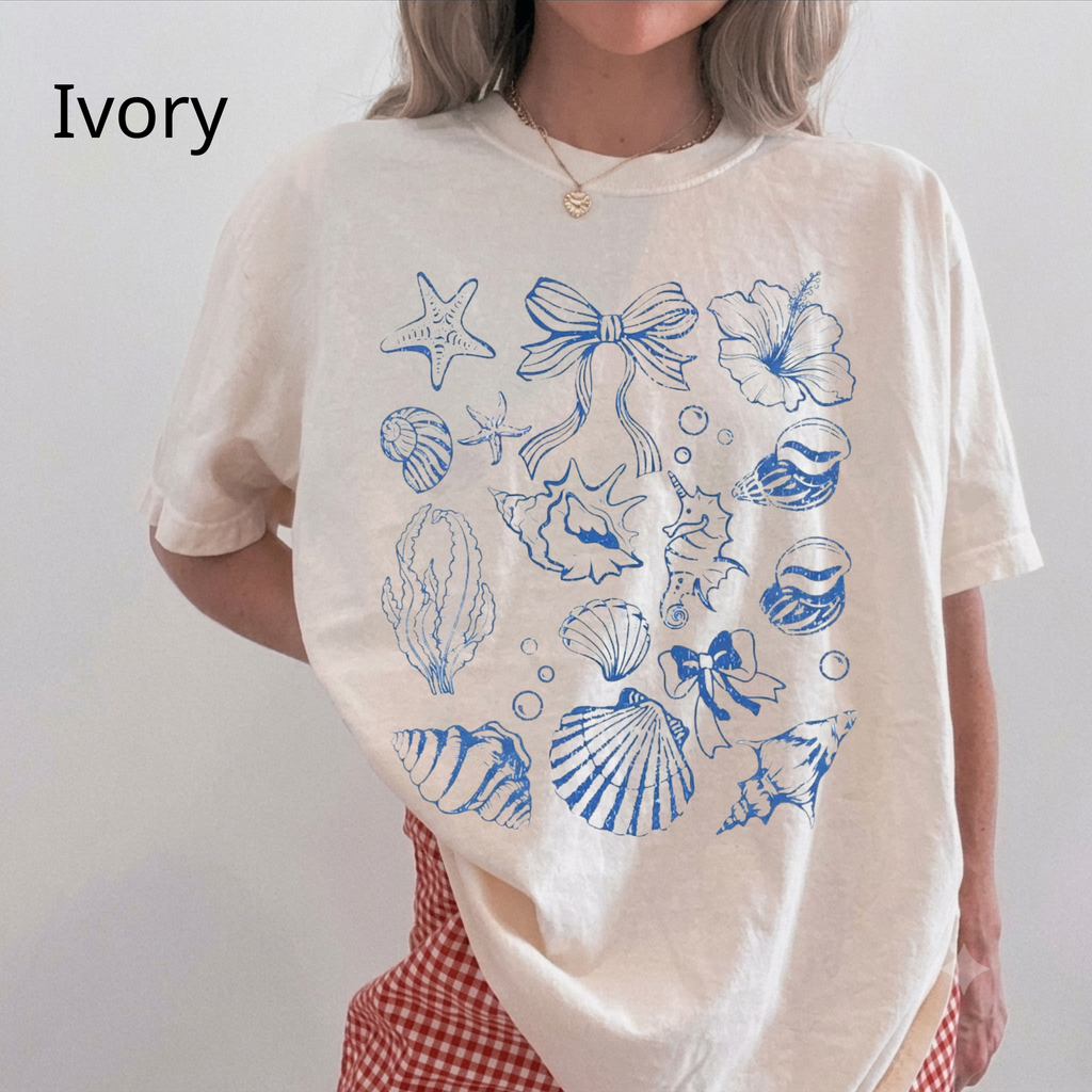 Graphic Tee for Women, Ocean Aesthetic T-Shirt with Sea Shells and Bows, Minimalist Line Art Shirt, Beach Day Cotton Top