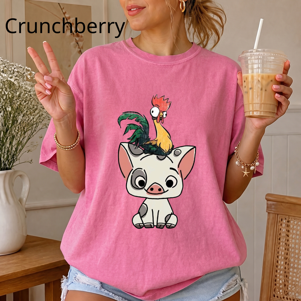 Cute Pua and Hei Hei Shirt, Retro Moana Pig and Rooster T-Shirt, Chibi Anime Graphic Tee, Cute Animal Comfort Colors Shirt