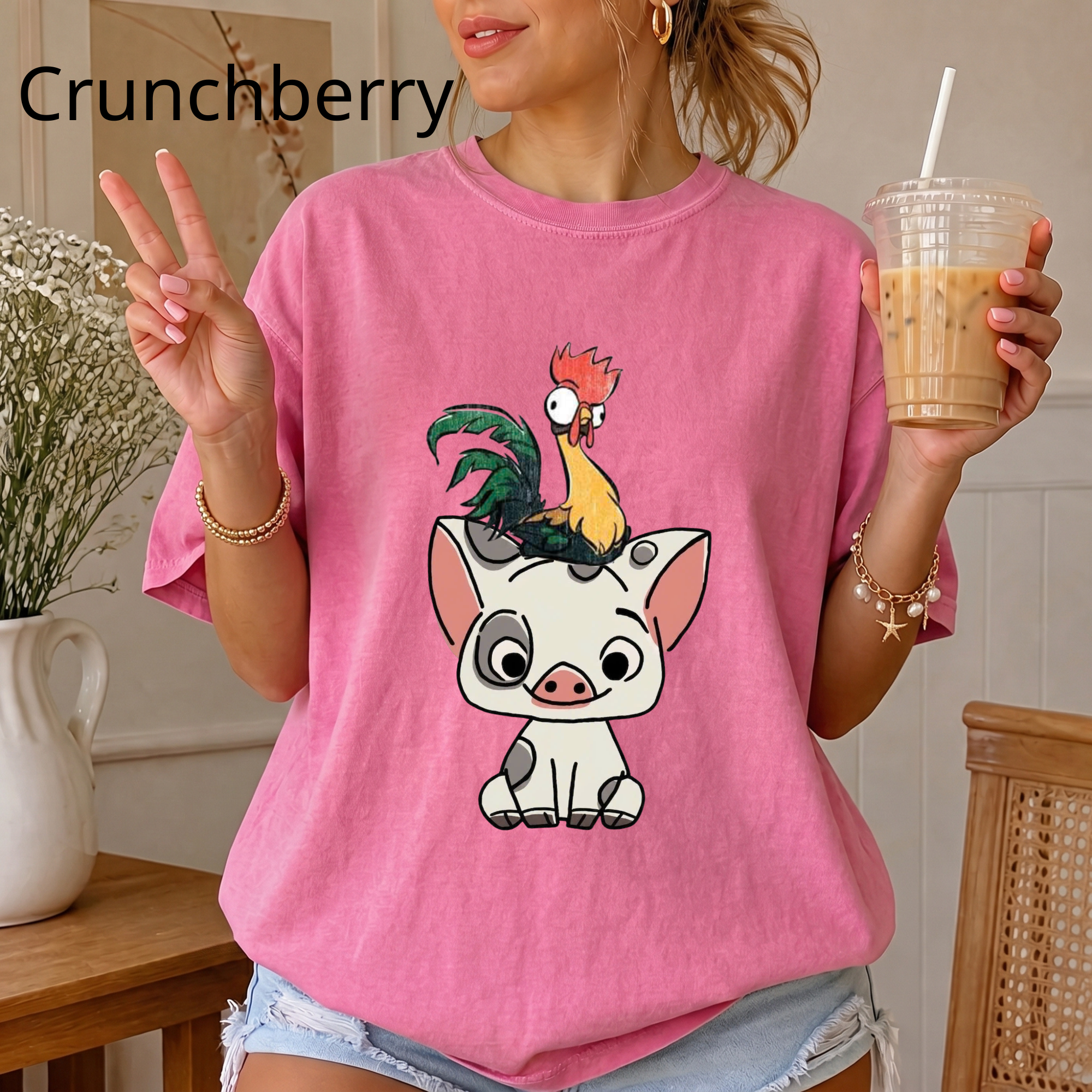 Cute Pua and Hei Hei Shirt, Retro Moana Pig and Rooster T-Shirt, Chibi Anime Graphic Tee, Cute Animal Comfort Colors Shirt