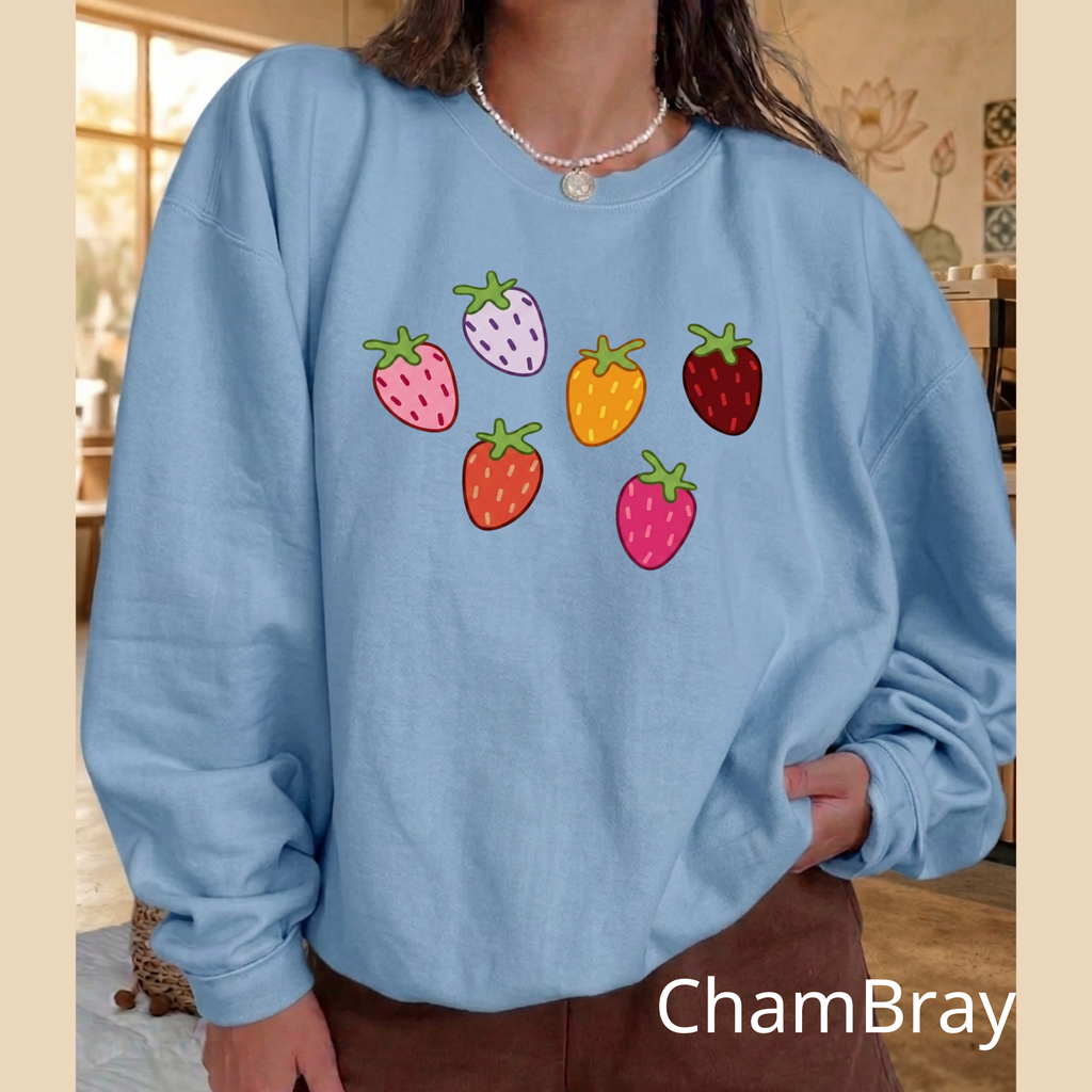 Cute Strawberry Crewneck Sweatshirt, Aesthetic Kawaii Fruit Jumper, Cute Berry Lover Gift Pullover